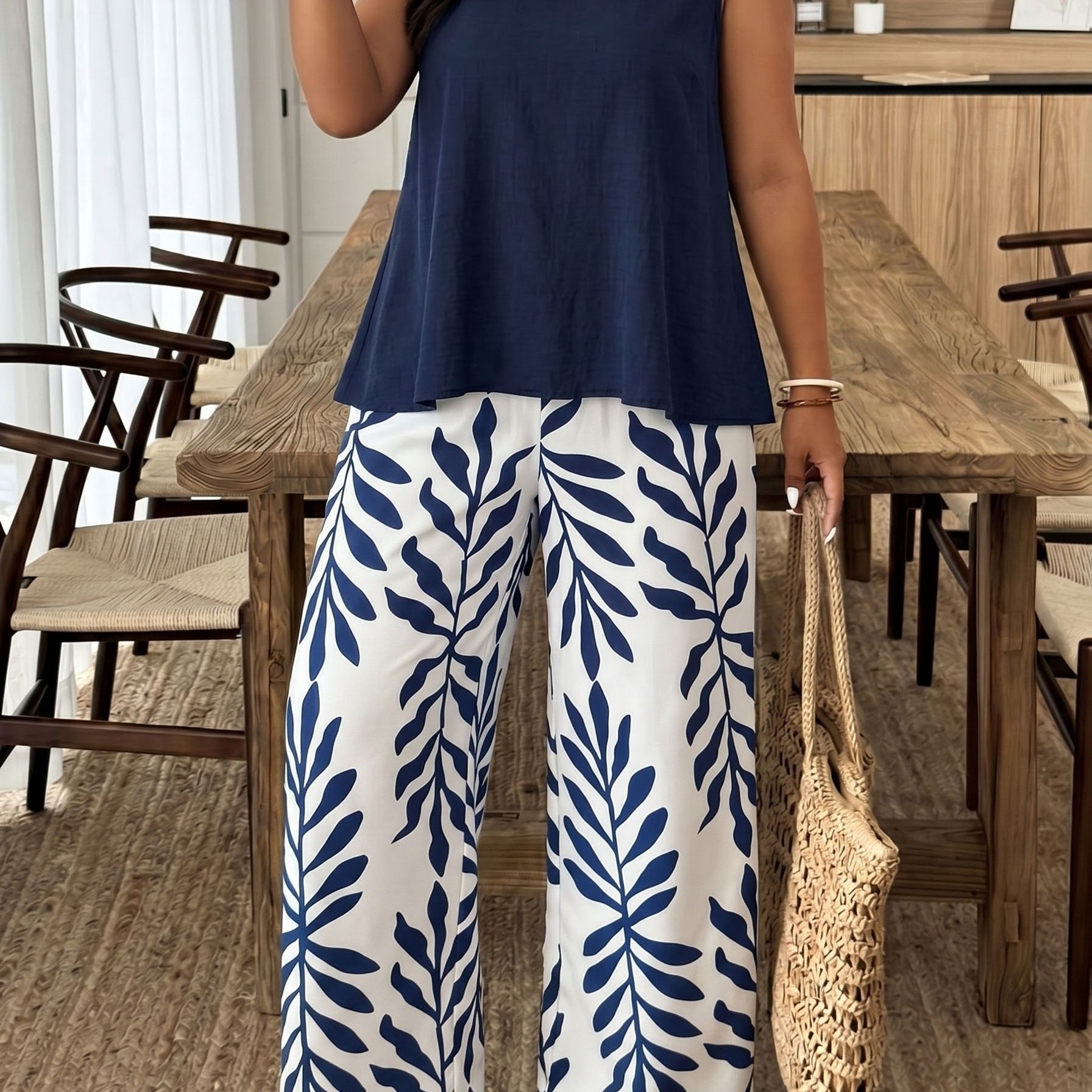 TEMU Women' Elegant Pullover And Floral Print Long Pants Two-piece Set, Casual Daily Wear Round Neck Sleeveless Top, Office Commute Versatile Set,