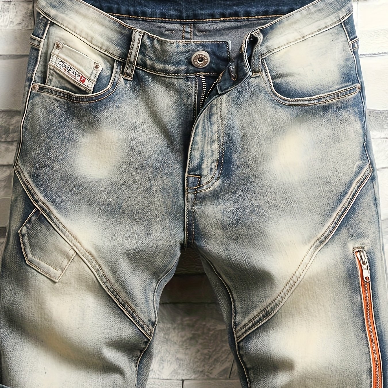 Middle Eastern Streetwear Hong Style Men's Denim Capris, Vintage Nostalgic Biker Zipper European/american Slim-fit Knee-length Pants