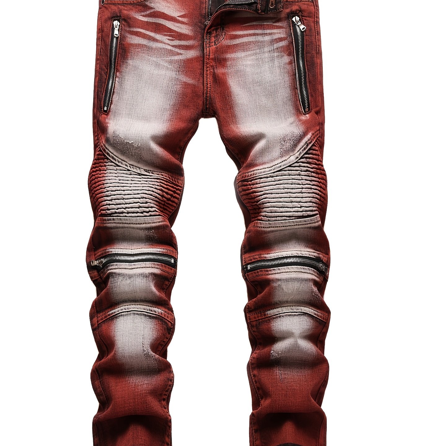 1pc Men's Y2k Biker Pants - Wine Red Skinny Jeans With Full-zipper Details, Stretch & Slim-fit Straight-leg For Streetwear, Motorcycle Style (machine-washable) - Fashion Wearable