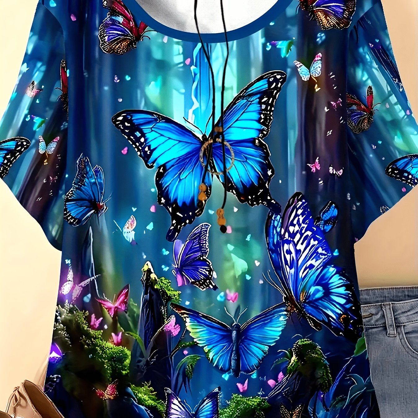TEMU Plus Size - Comfortable Casual Elegant Printed Pattern Plus Size Women's Round Neck T-shirt Short Sleeve Clothing