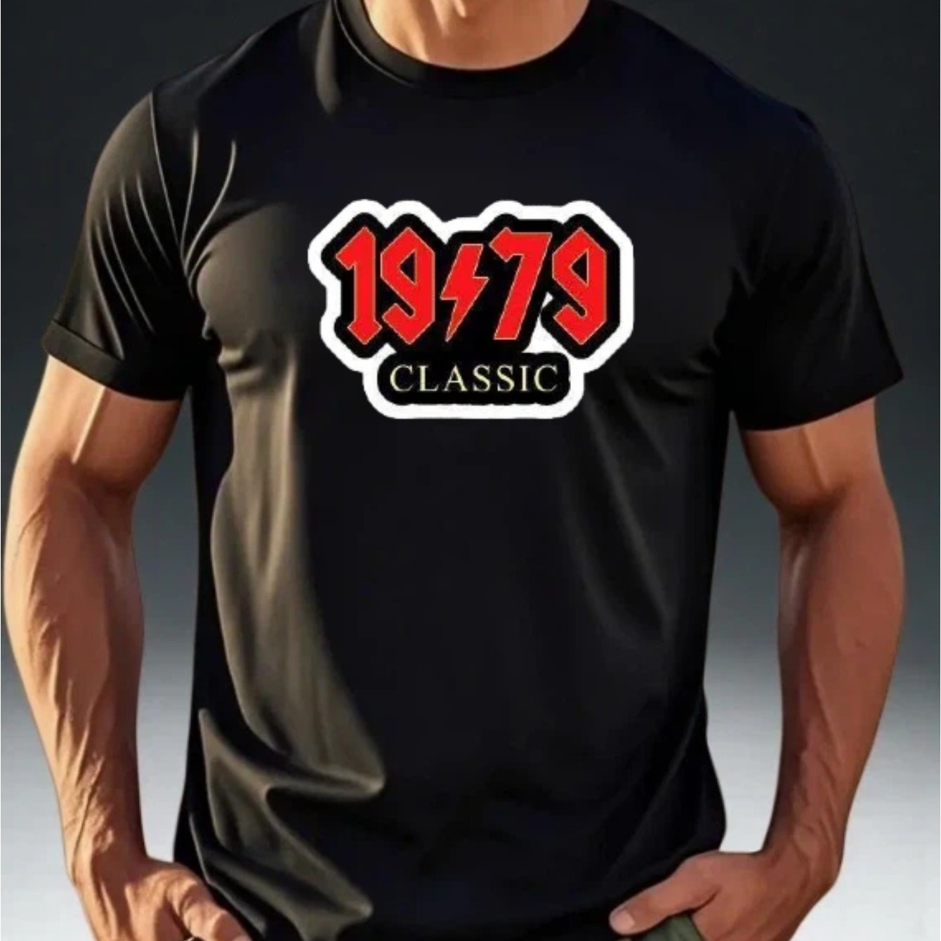 TEMU Men's Vintage Rock Style '1979 Classic Lightning Logo' Short-sleeve T-shirt, Featuring Retro Print With A Trendy Design And A Fashionable Round