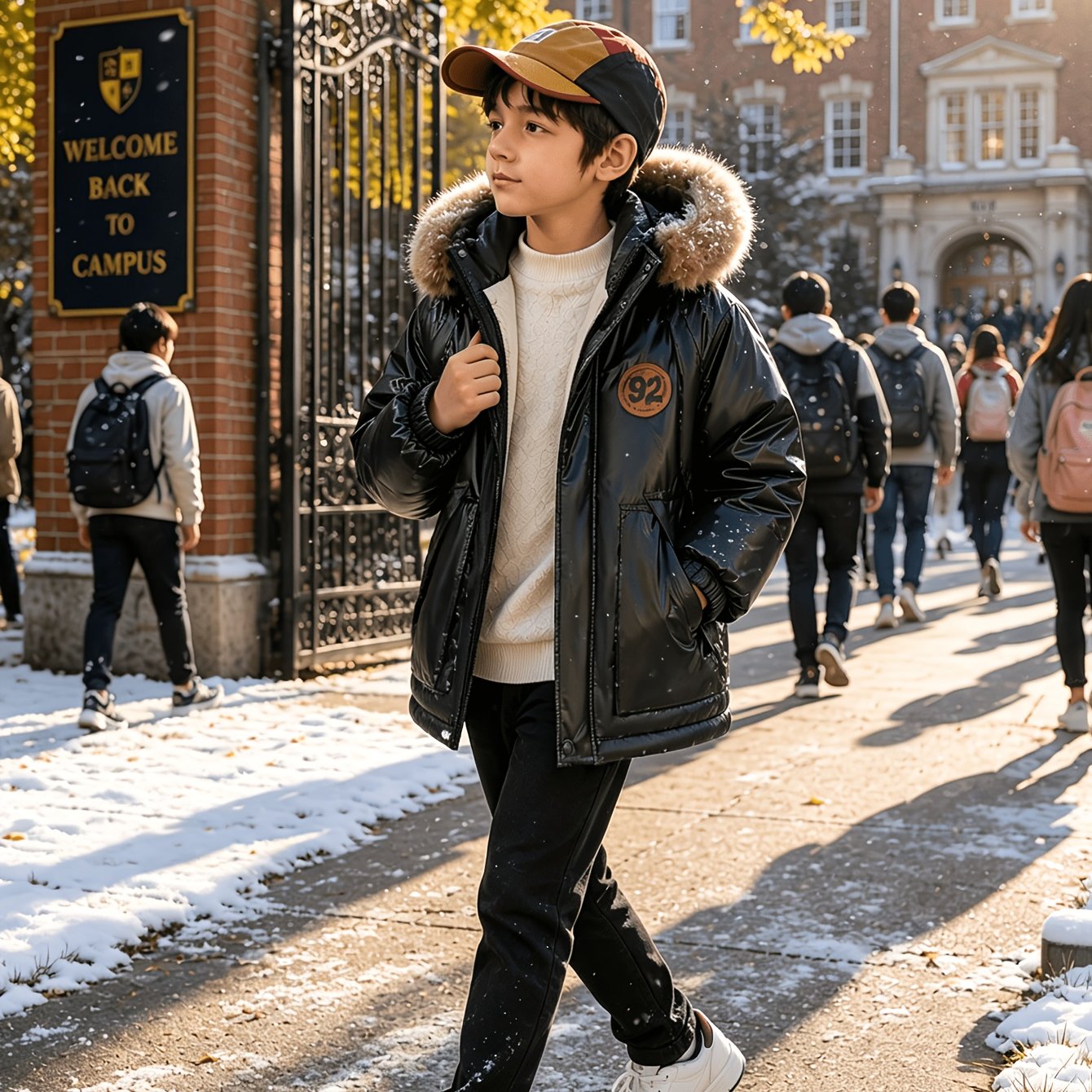 Image of Boys' Winter Shiny Hooded Jacket, Digital Logo Thickened Coat, With Hood, Retro Digital Badge On Chest Adds Trendy Feel, Durable Winter Coat For Boys