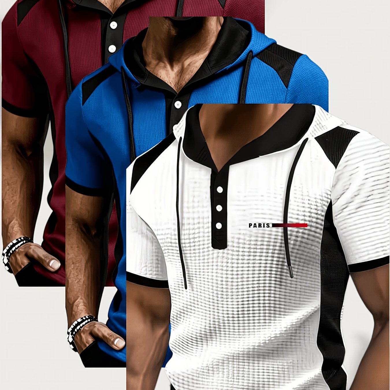 TEMU Men's Textured Waffle Contrast Color Outdoor Casual Base Layer Henley Shirt Hoodie 3pcs Set