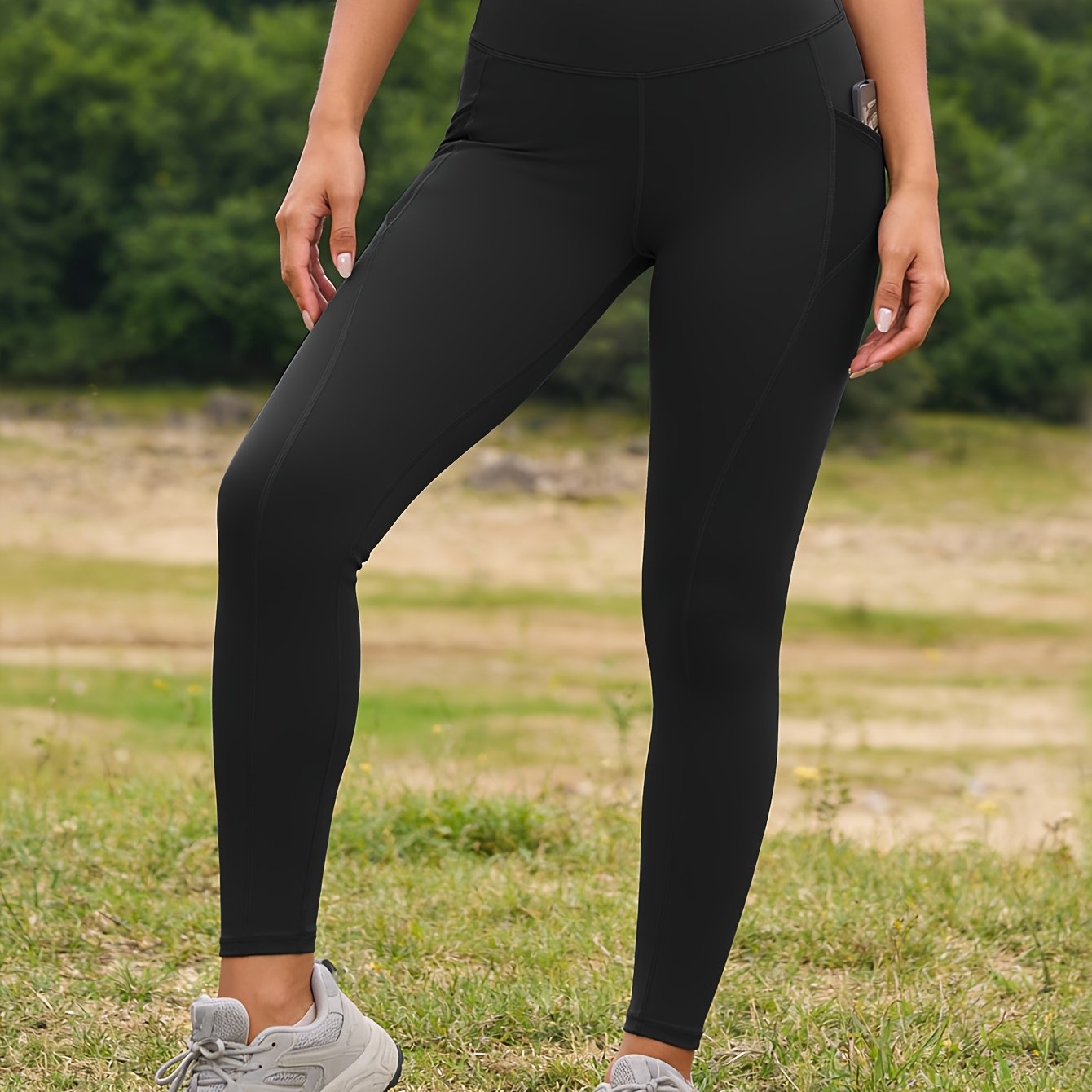 E-shop 1 Stück Damen High-Waist Bauchkontroll-Po-Hebende Fitness-Leggings mit Seitentaschen, Dehnbare Körperbetonte Yoga-Hosen für Outdoor-Sport ,