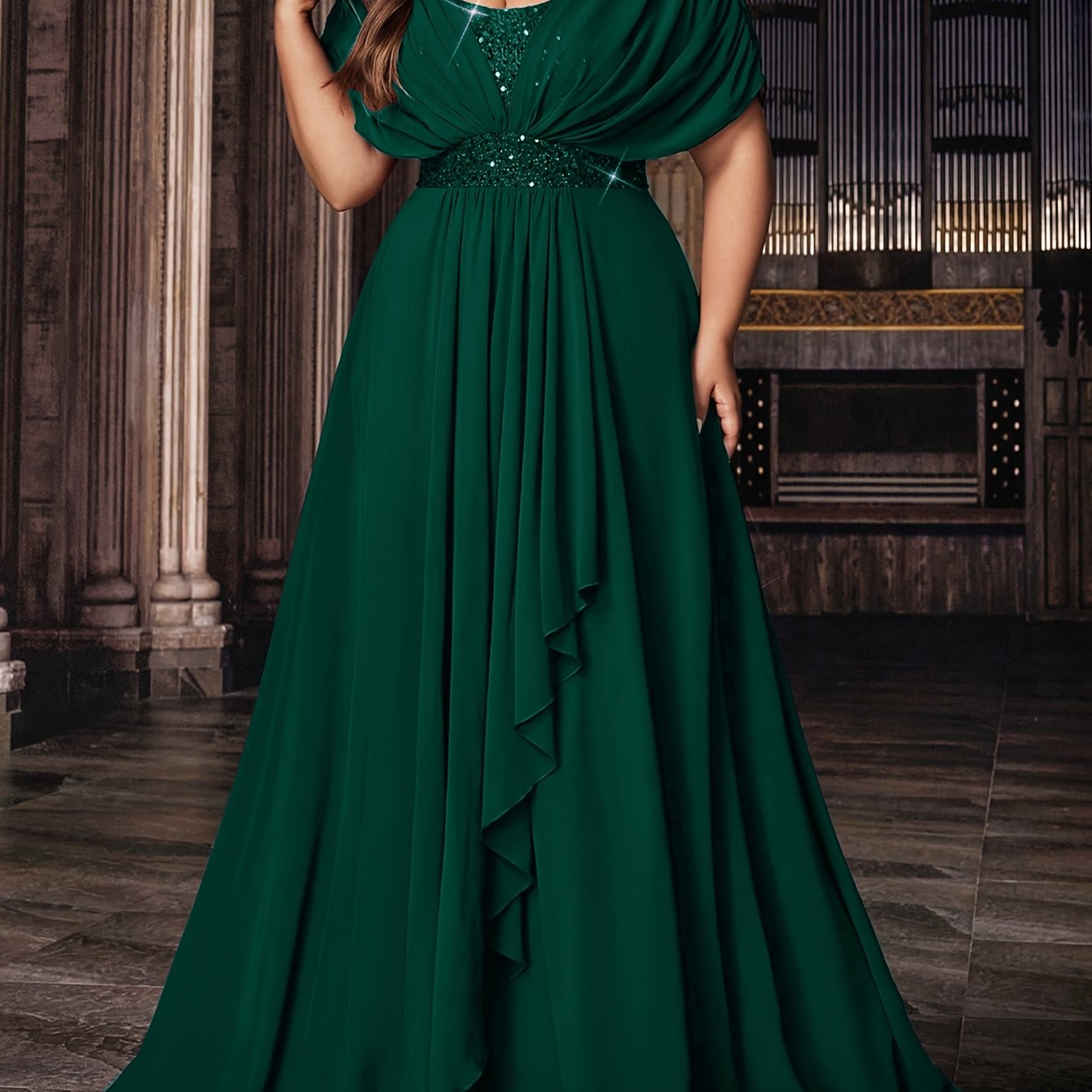 TEMU Grande Taille - Grande Taille - Grande Taille Robe Maxi de Soirée Élégante en Mousseline de Soie à Sequins - Parfaite pour les , les Réunions et