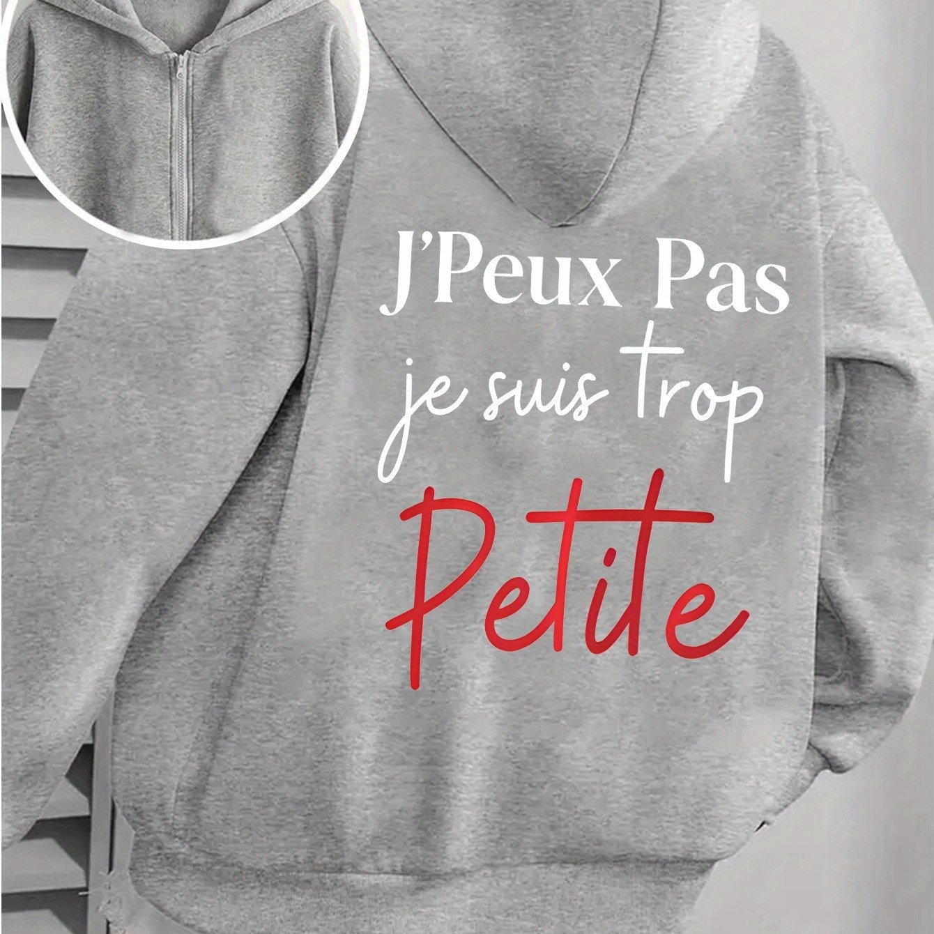 TEMU Sweat à capuche sport décontracté pour femmes, style français, petite taille, fermeture éclair, imprimé sur le dos