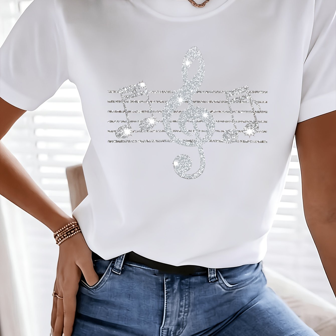 Women' Festival Musical Note Print T-shirt, Lightweight And Breathable Casual Short Sleeve For Spring/summer