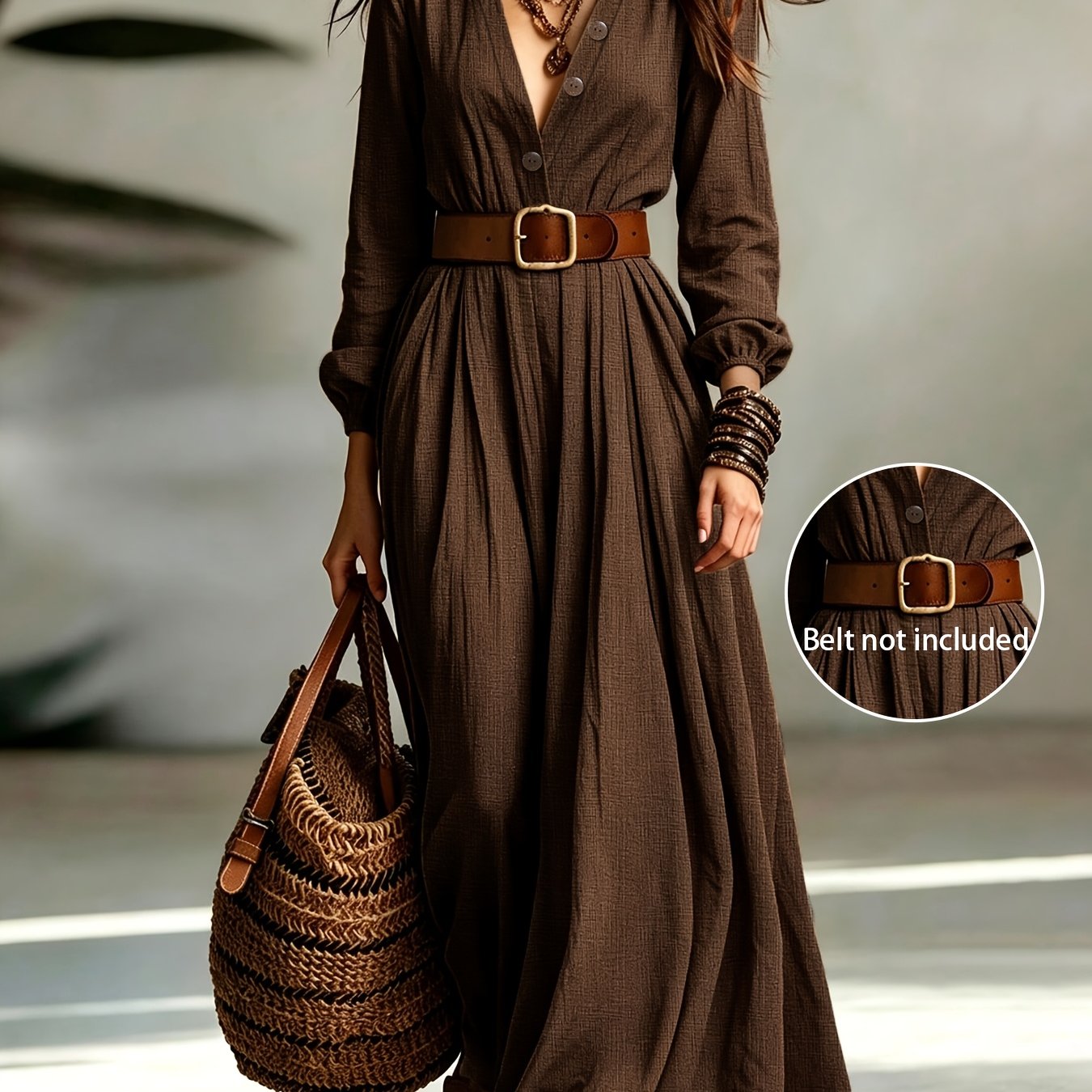 TEMU robe d'automne unie semi-ouverte à col en V et devant ouvert, manches lanternes élégantes avec un bouton (robe non incluse), parfaite pour les