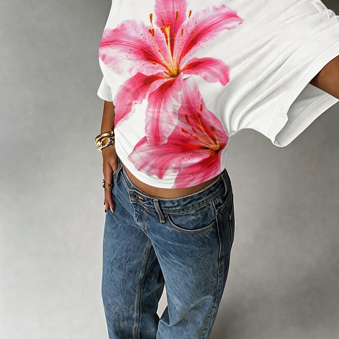 TEMU New Pattern! Ladies' Fashionable, Elegant, And Casual Multifunctional Waist Pleated T-shirt, Lily Pattern Digital Printed Bat Sleeve Short