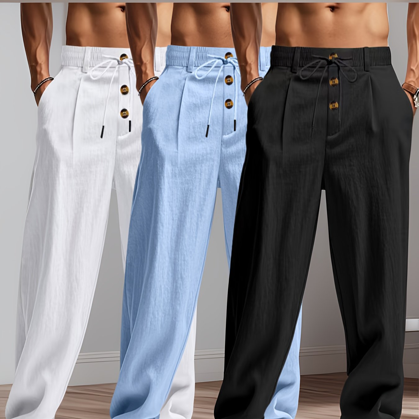 TEMU 3pcs Men's Loose Fit Linen Casual Pants, Breathable And Comfortable With Adjustable Drawstring Elastic Waistband, Machine Washable For Outdoor