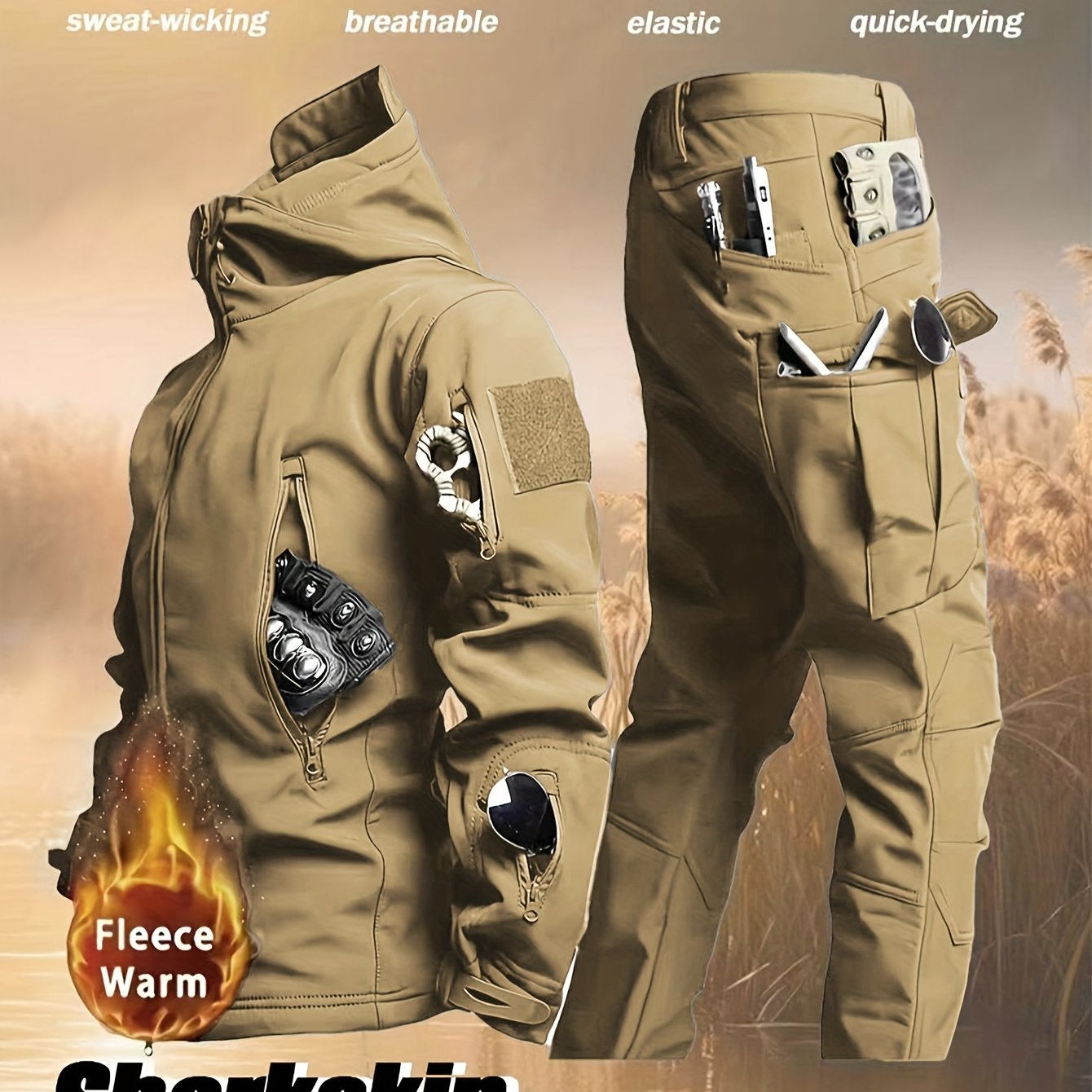 TEMU Men's Autumn And Winter New Thickened Two-piece Windproof Jacket Hoodie With Multiple Pockets, Elastic, Warm, Suitable For Hiking, Skiing,