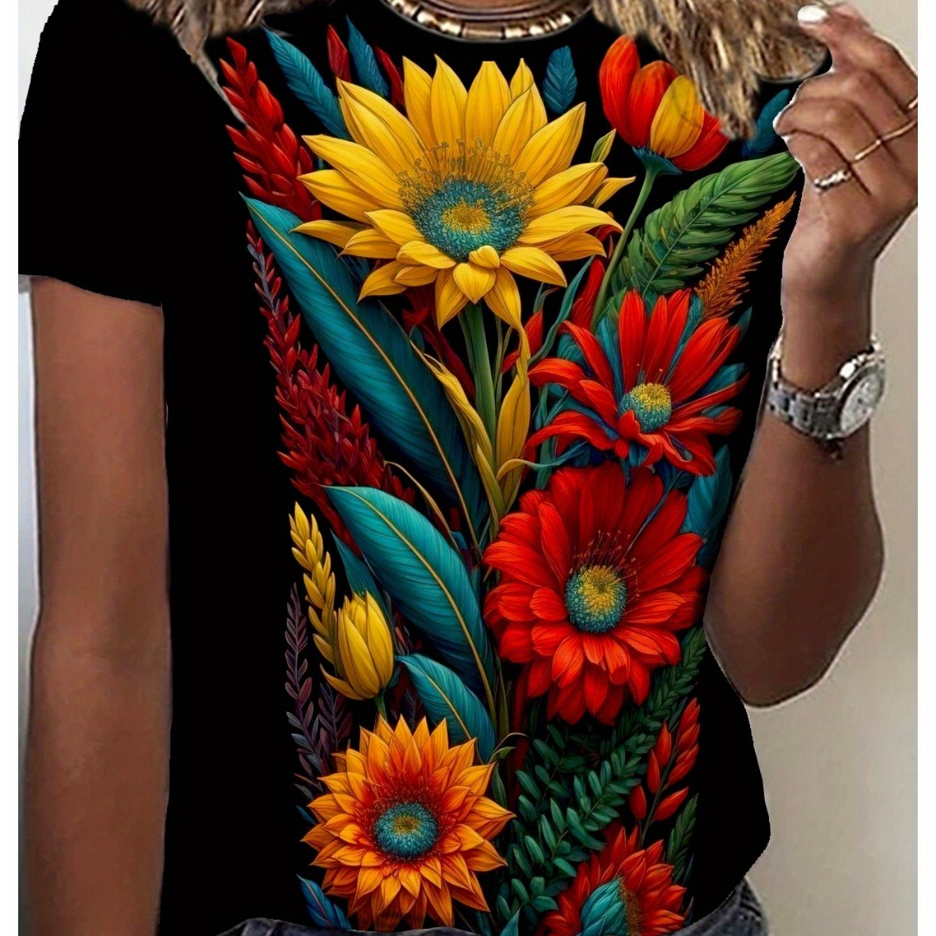 3d Bright Flowers Printing Women's T-shirt Print- Comfy Short Sleeve Crew Neck - Perfect For Spring & Fall Casual Wear