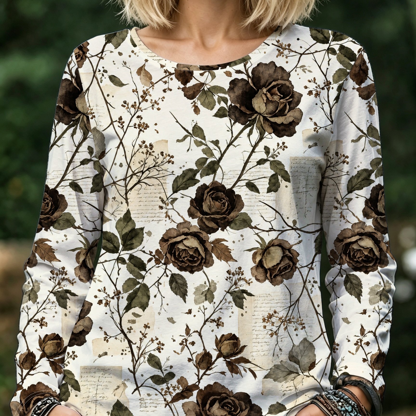 TEMU Plus Size - 2026 New Plus Size Loose Long Sleeve Top, Dark Old Letter Paper Branch Leaf Pattern Print Round Neck Blouse, Retro Niche Floral