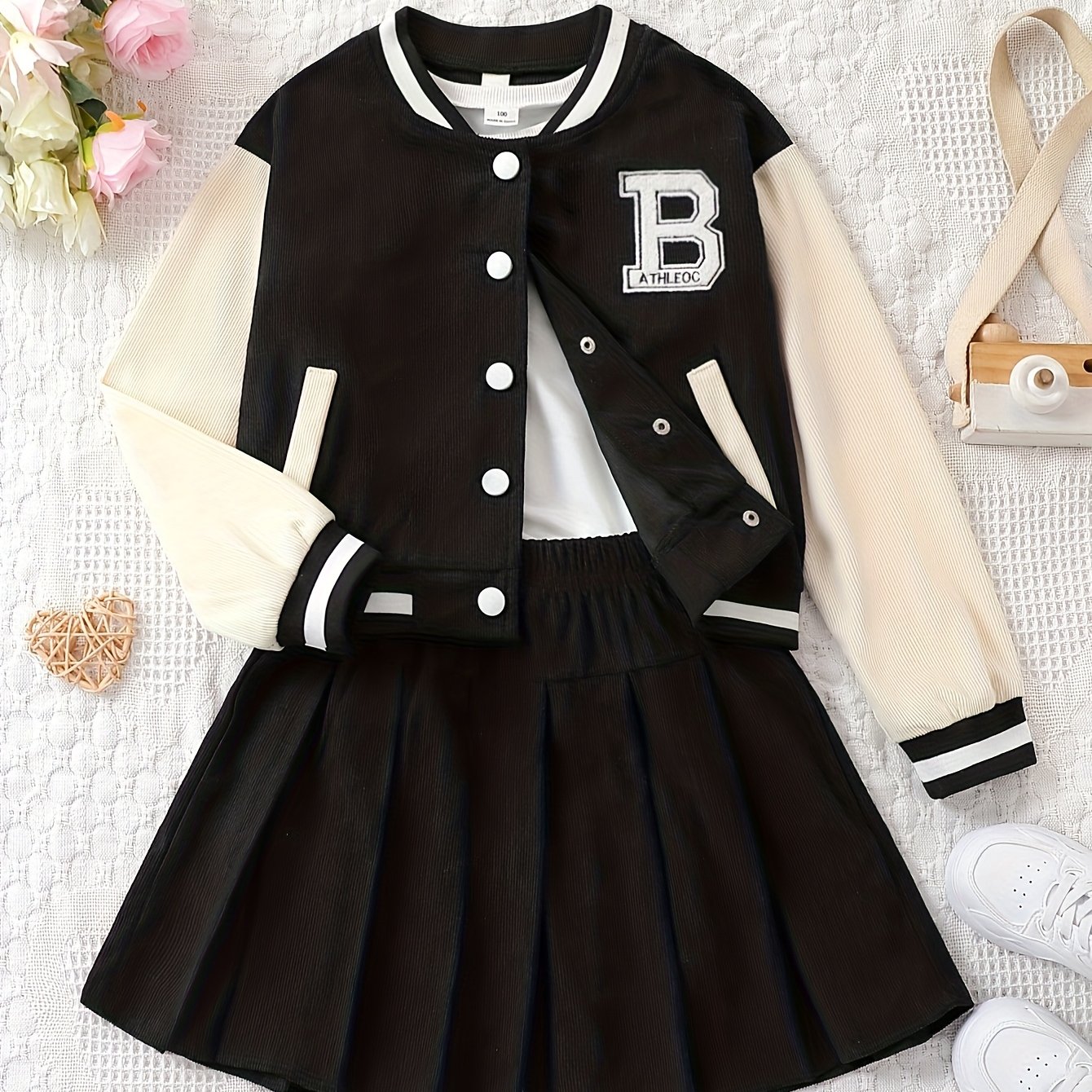Image of Girls' Outfit Fall Winter Style Mid-big Kids Skirt Corduroy Letter Embroidery Fashion Jacket Pleated Skirt 2pcs Set, Back To School