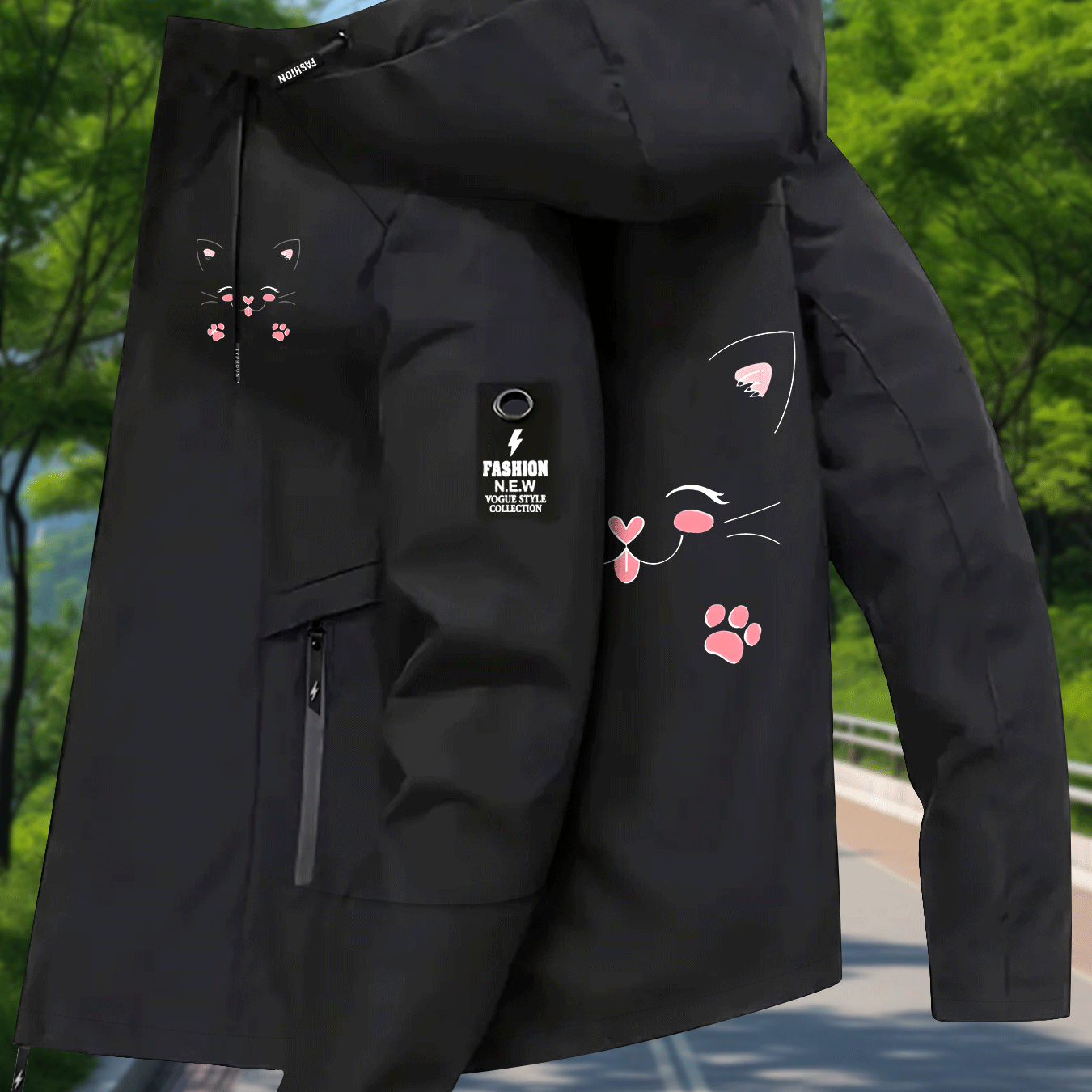 TEMU A Niche Jacket Featuring A Cat Face And Paw Print Design, This Women's Lightweight Windbreaker Is Comfortable And Breathable, Casual Wear