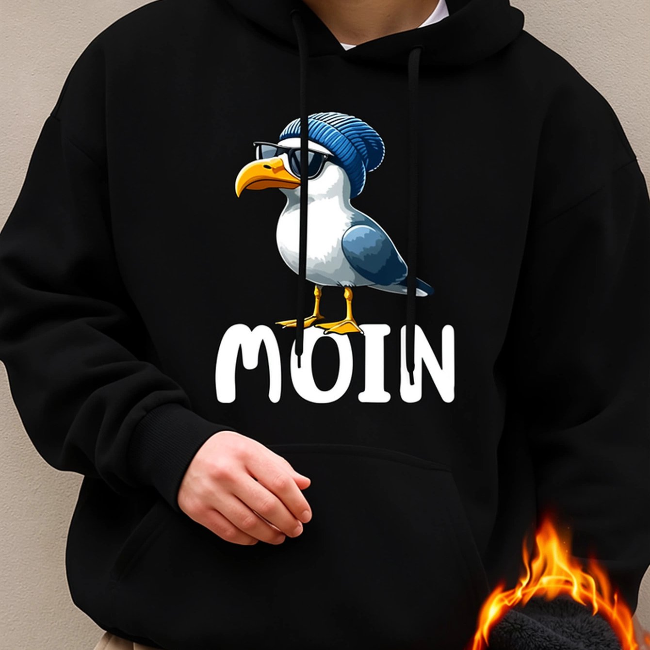 Image of Men's Hooded Sweatshirt With Seagull Print - Black Casual Pullover With Front Pocket, Long Sleeve Autumn Winter Warm Hoodie, Machine Washable Regular Fit