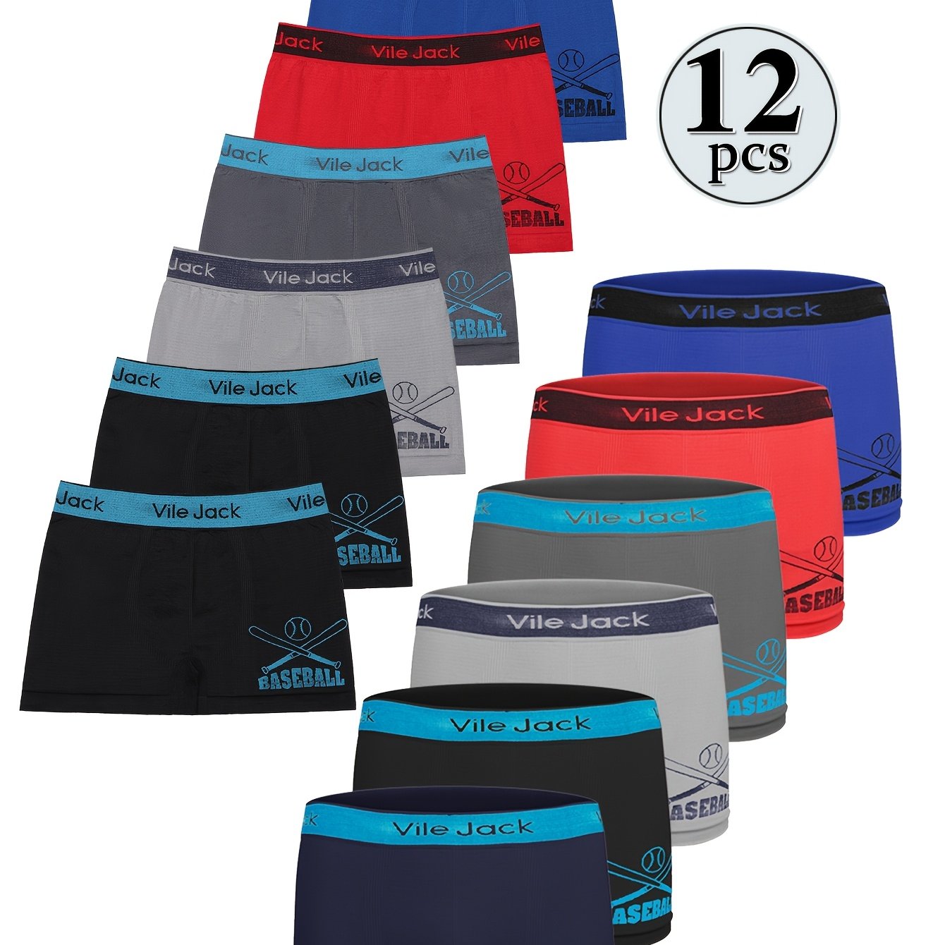 Image of 12pcs Random Color Boys' Boxer Briefs With Baseball Print, High Elasticity, Comfortable And Breathable Sports Underwear For Boys Aged 10-16
