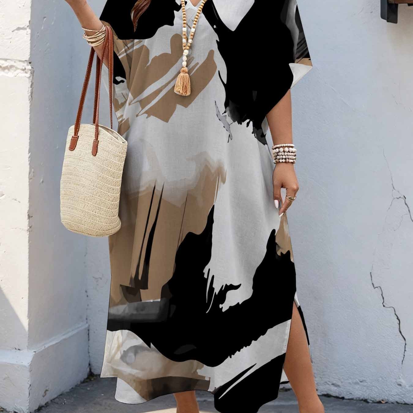 Plus Size Women's 08xl Artistic Minimalist Style, Abstract Ink Wash Print Maxi Dress, V-neck Batwing Sleeve Dress With Double Side Slits, Loose Casual Summer Dress For Curvy Women
