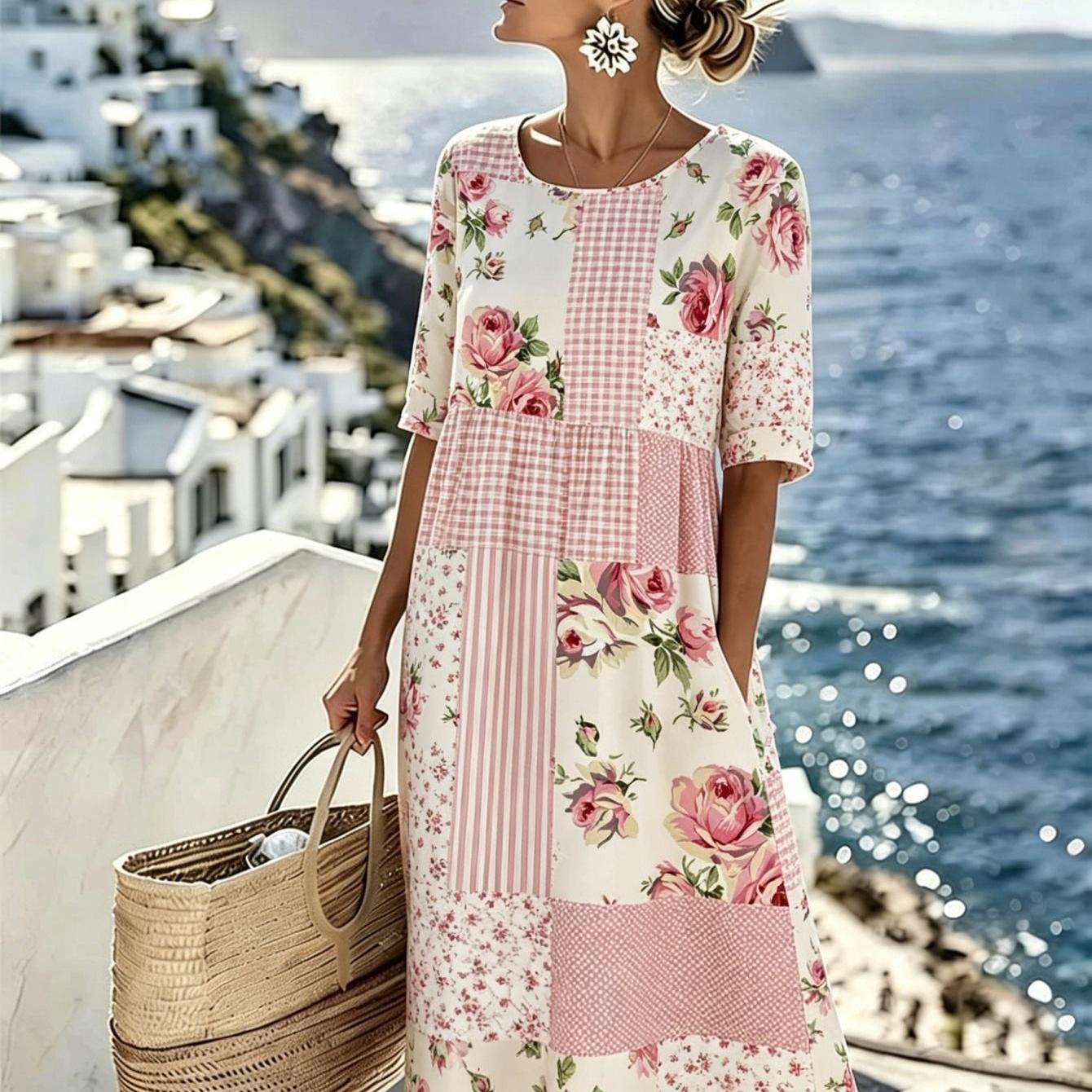 Image of Plus Size - Plus-size Women's Dress With Pockets Three-quarter Sleeves Round Neck Loose High-waisted Pleated Design Rose Bohemian For Beach Trips And Casual Summer Vacations 2d Flat Printing