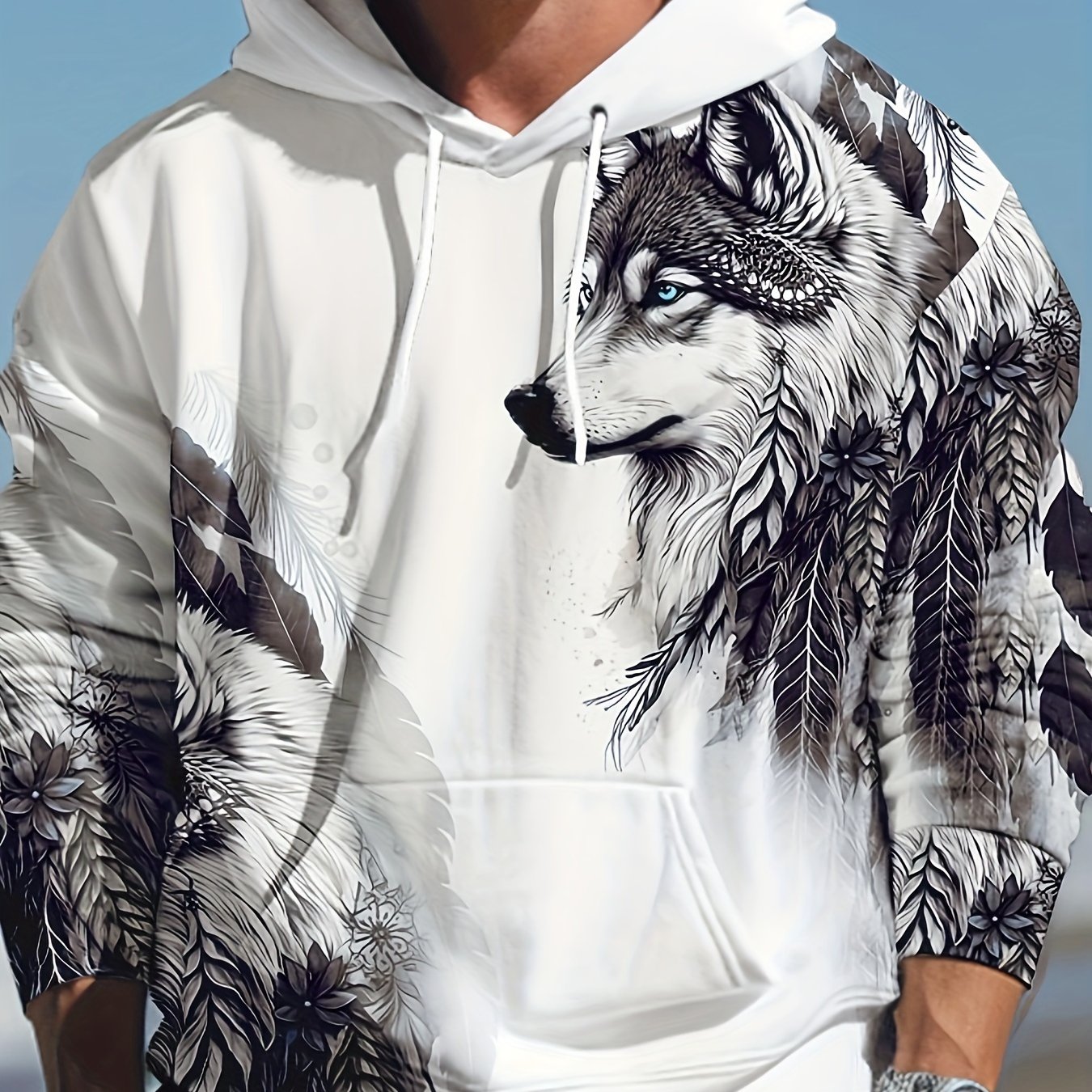 Image of Plus Size, Men's 3d Wolf Print Hoodie, Casual Slightly Stretch Breathable Hooded Sweatshirt For Outdoor