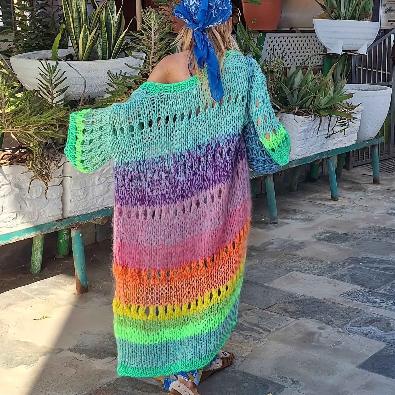 TEMU Edolynsa Women's Vintage Rainbow Striped Hand-knit Cardigan Sleeves - Elegant Long Openwork Sweater For Spring, Fall & Winter, Long Sleeve Cardigan|elegant Knitwear|knitted Texture
