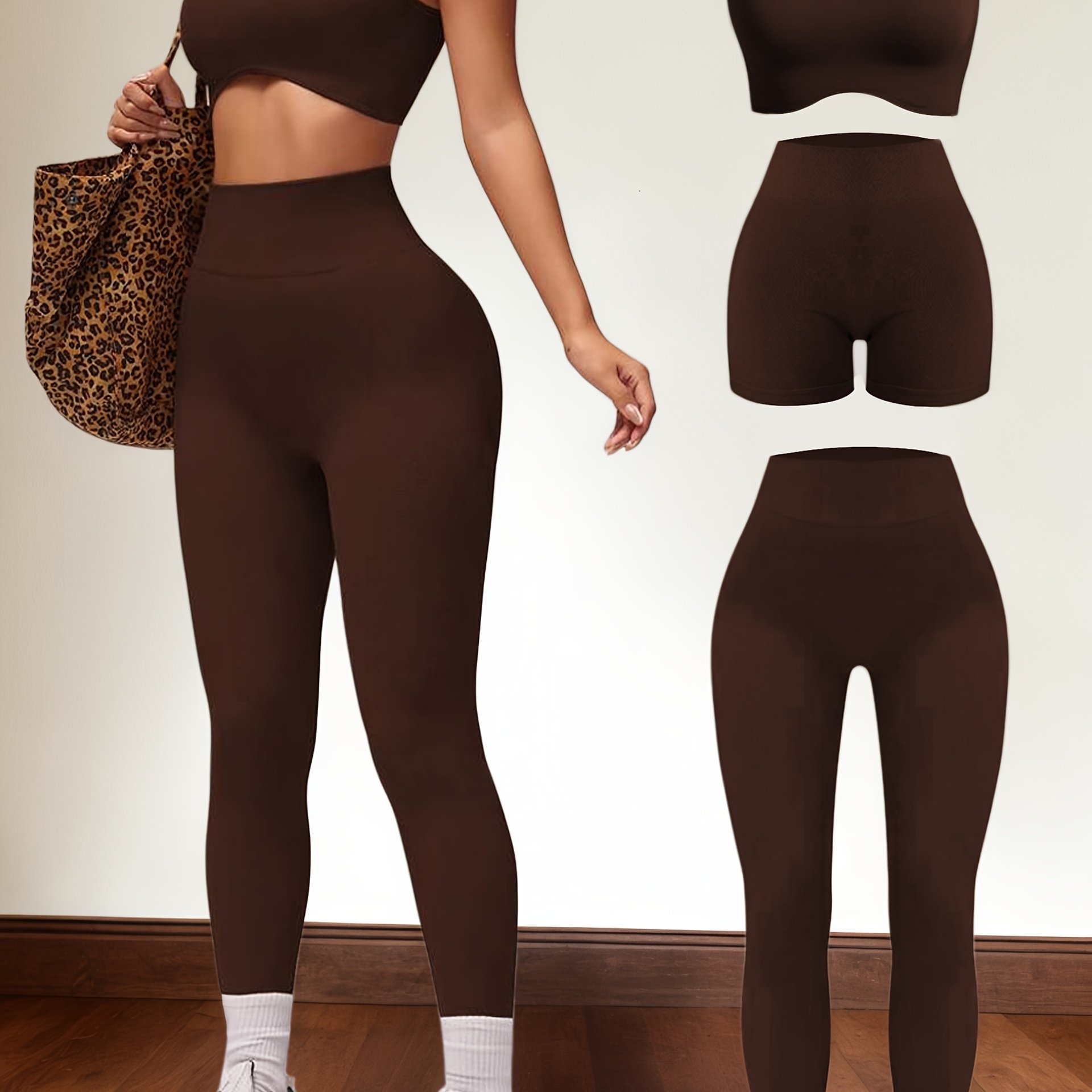 E-shop 3-teiliges nahtloses Yoga-Sportset für Damen in Unifarben, 1 kurze Oberteil und 1 High-Waist Bauchkontroll-Shorts mit Po-Lift und 1 High-Waist