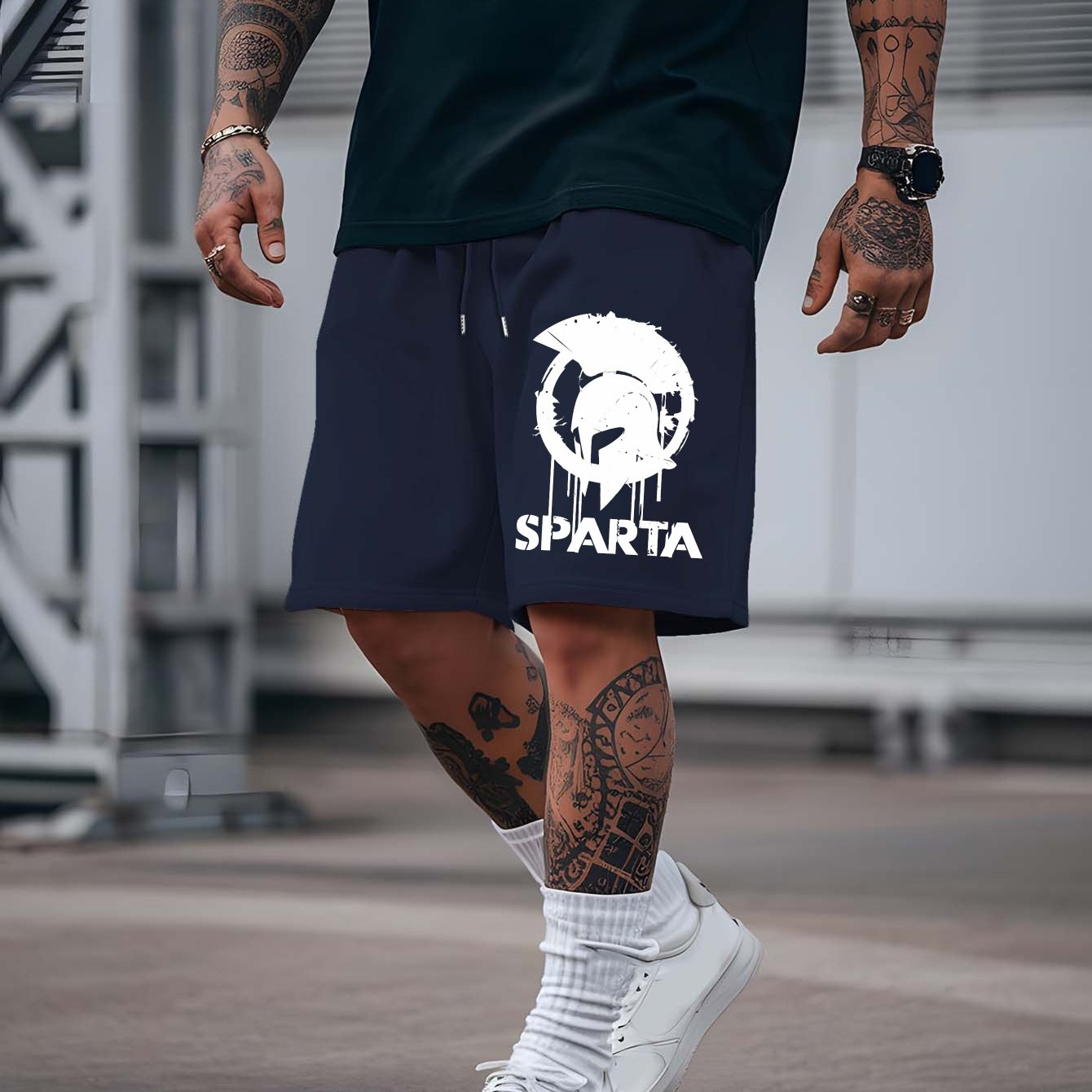 TEMU 2025 Summer Outdoor Sports And Leisure Plus Size Shorts Featuring The Spartan Warriors Logo, Designed For Men With A Casual Solid Color And A
