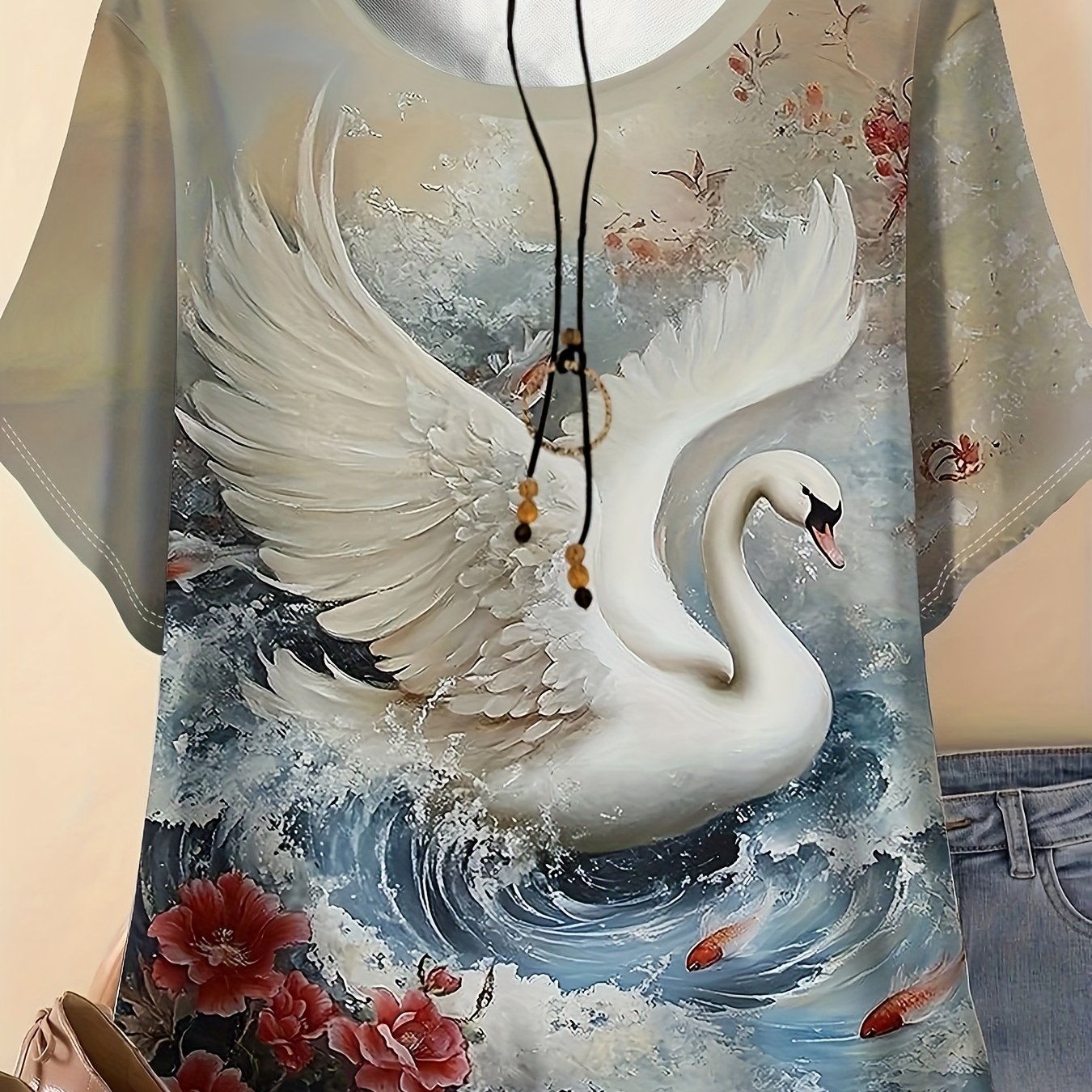 TEMU Plus Size - Plus Size - Women's Plus-size Casual Short-sleeve T-shirt - Featuring A Swan Print, Loose Round Neck Design, Breathable And Machine