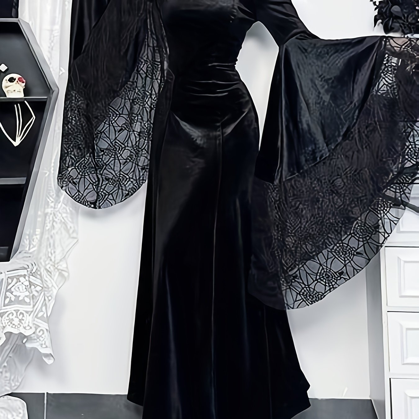 Image of Halloween Costume Gothic Style Batwing Velvet Dress Lace Stitching Women's Clothing Long Skirt