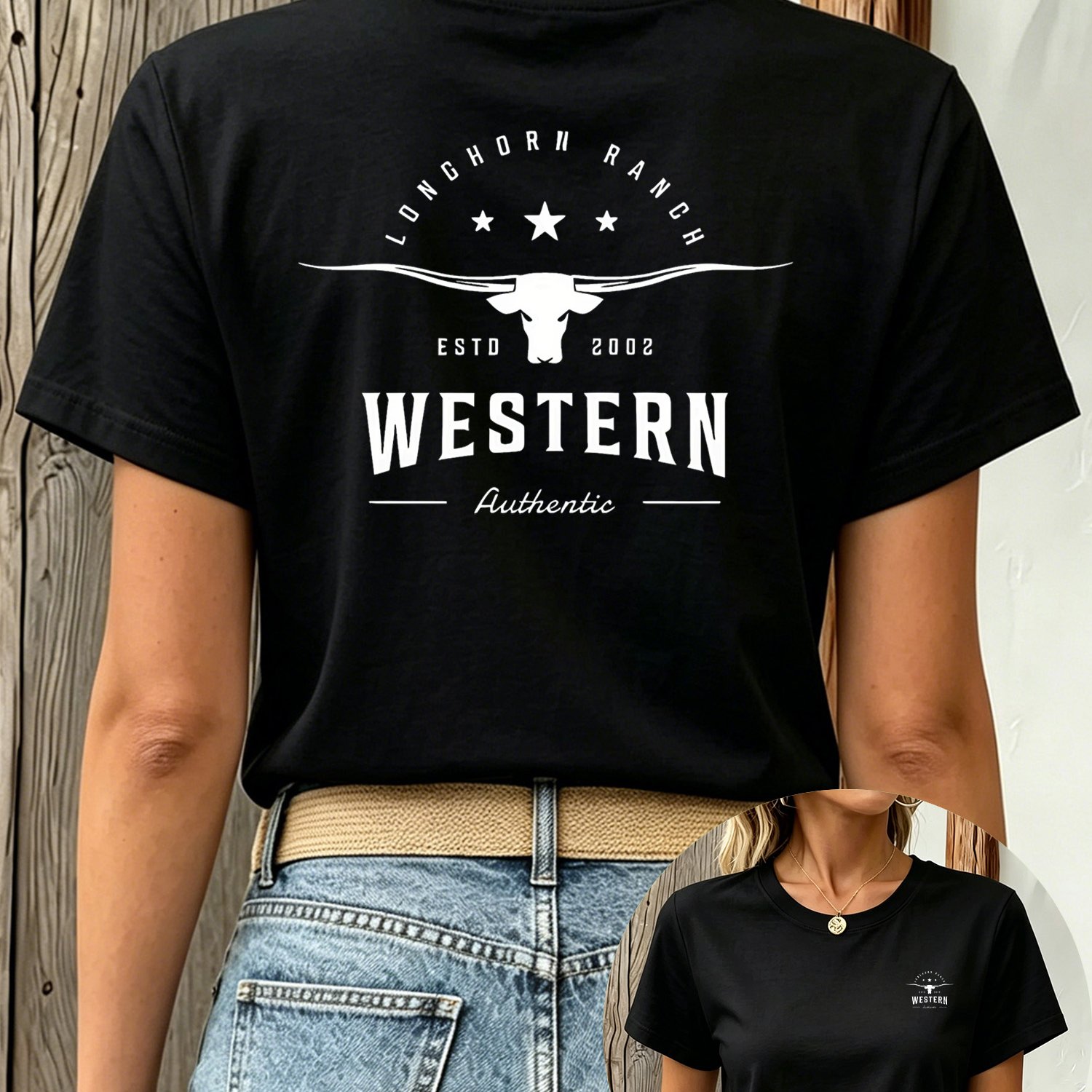 TEMU Women's Longhorn Ranch Western Western Longhorn Starry Field Retro Country Black And White Badge Printed T-shirt With Pattern Casual Round Neck