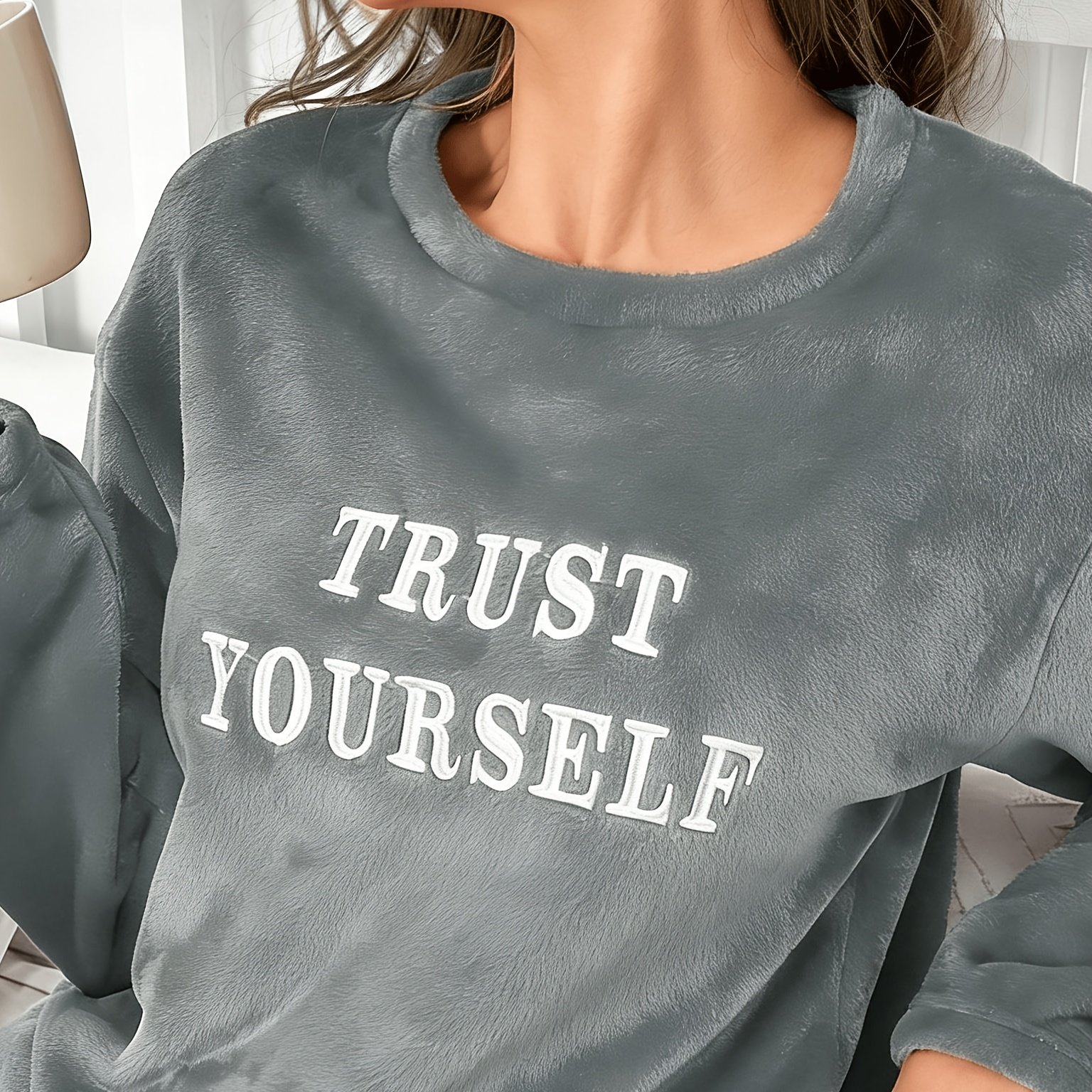 TEMU Slate Gray Letter Embroidered Long Sleeve Warm Single Piece Top, Autumn/winter Women's Pajamas And Loungewear