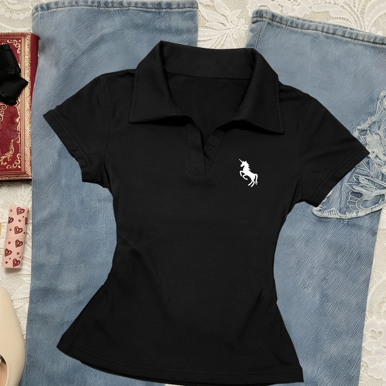 TEMU Y2k Gothic Flared Collar, Trendy Women' Slim Fit V-neck Short Sleeve Design, Slim-fitting Regular Fit T-shirt For Women