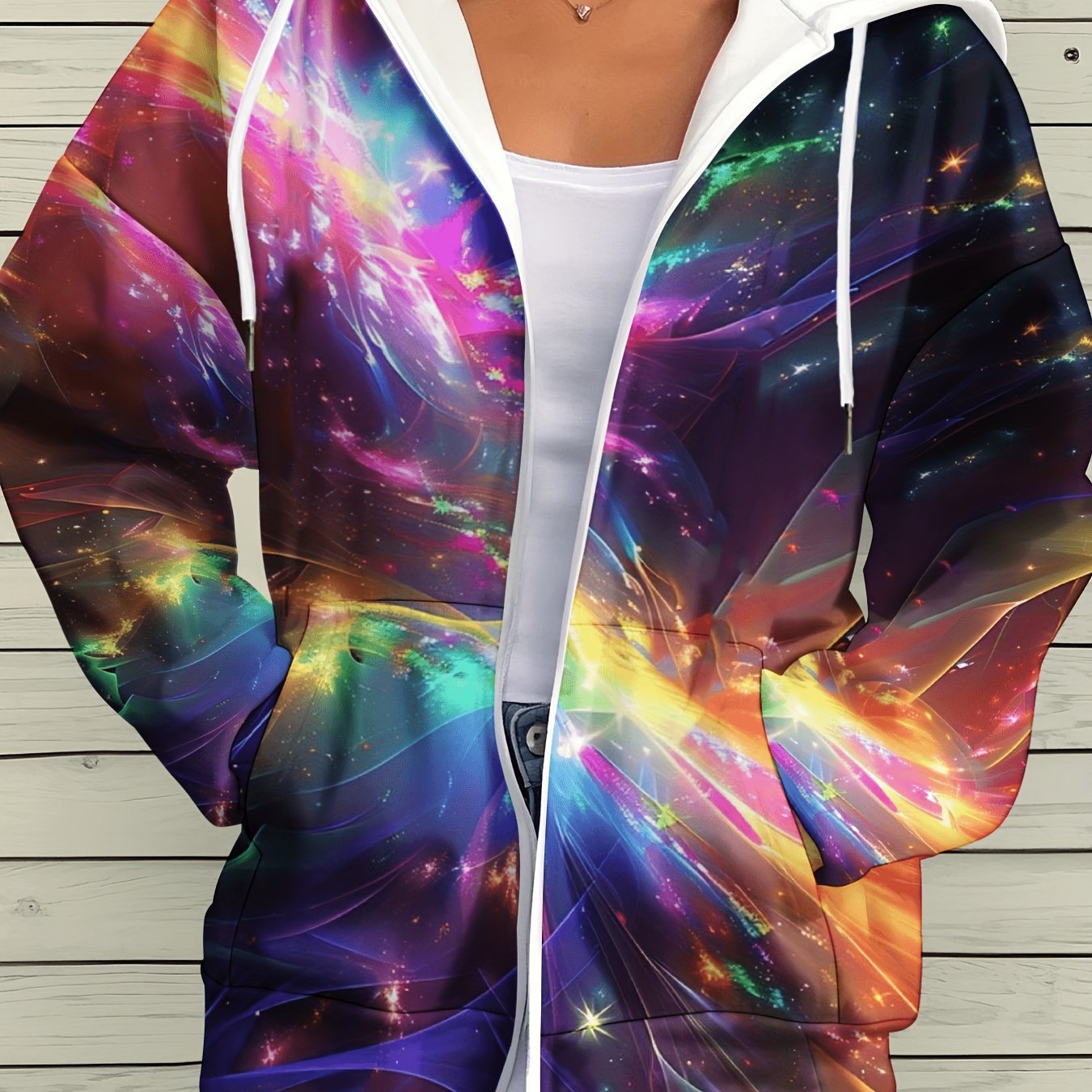 TEMU Plus Size, Women's Cardigan, , Bright Colors, Stars, Casual, Nebula, Waves, Stars, Autumn/winter, Lightweight, Fashionable, Long Sleeve, Zipper