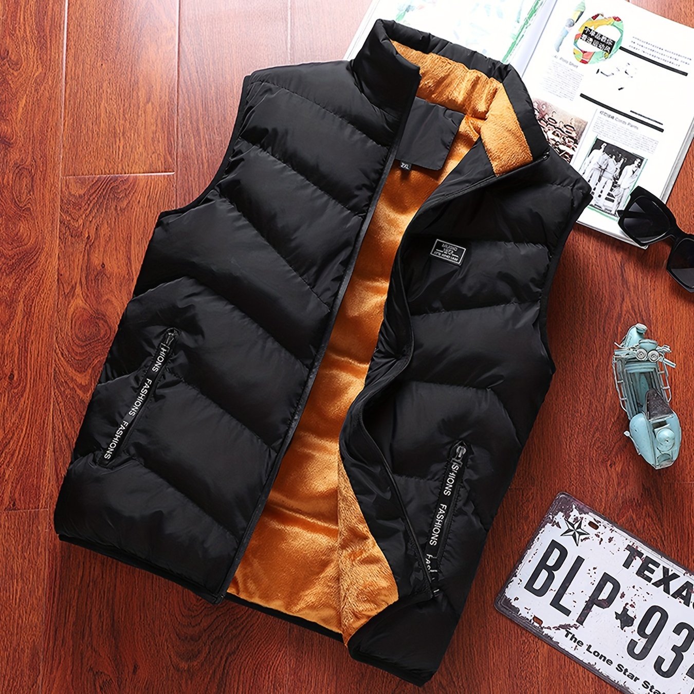 Men' Nylon Sleeveless Vest - Casual Black With Orange Trim, Quilted Design, Zip-up With , Fall/winter