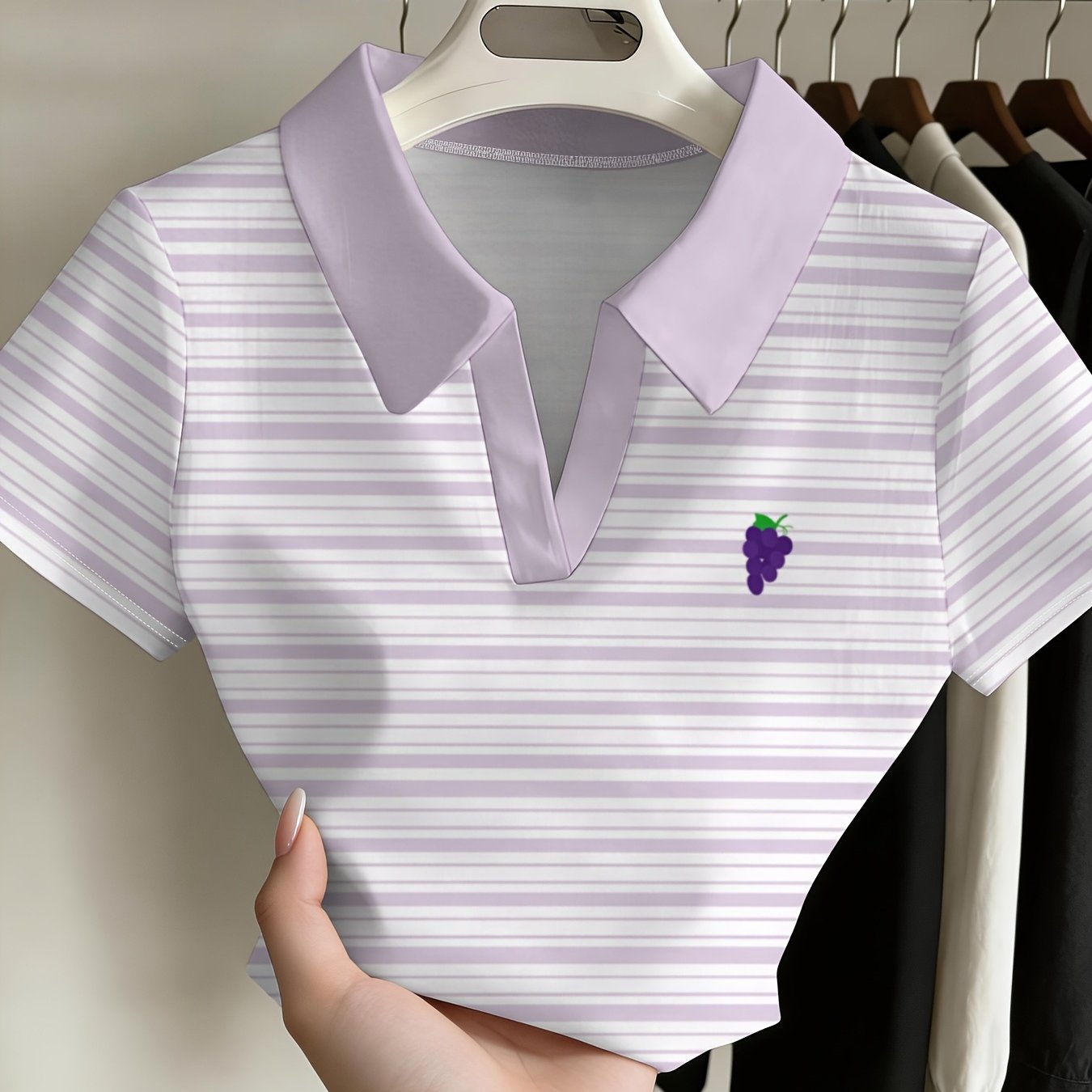 TEMU Plus Size, Striped Women's Short-sleeve Grape Print Design, Casual, Versatile, And Breathable