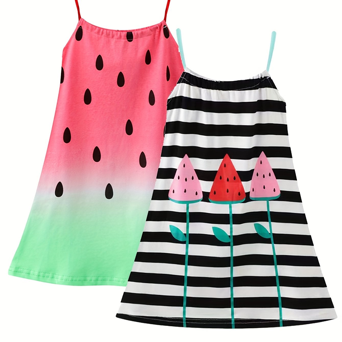 TEMU 2pcs Set Girls' Sleeveless Sundress With Watermelon Pattern, Breathable Cotton Casual Beach Dress 2-8y