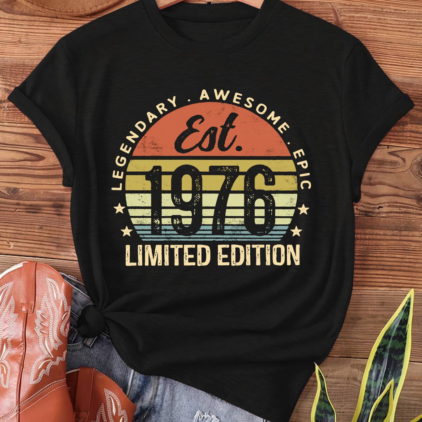 TEMU Est 1976 Edition 50th Birthday Print T-shirt, Short Sleeve Crew Neck Casual Top For Summer & Spring, Women's Clothing