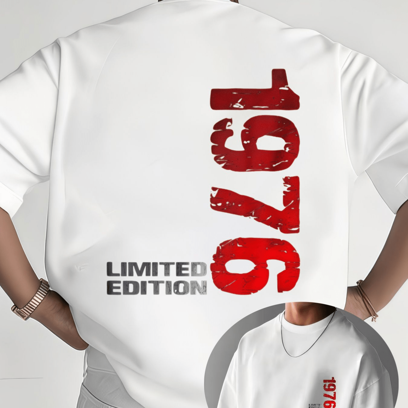 TEMU Retro Style 1976 Edition Men's Short Sleeve T-shirt - Vertical Print Design, Unique Distressed Effect, Perfect For Collecting Or Casual Wear,