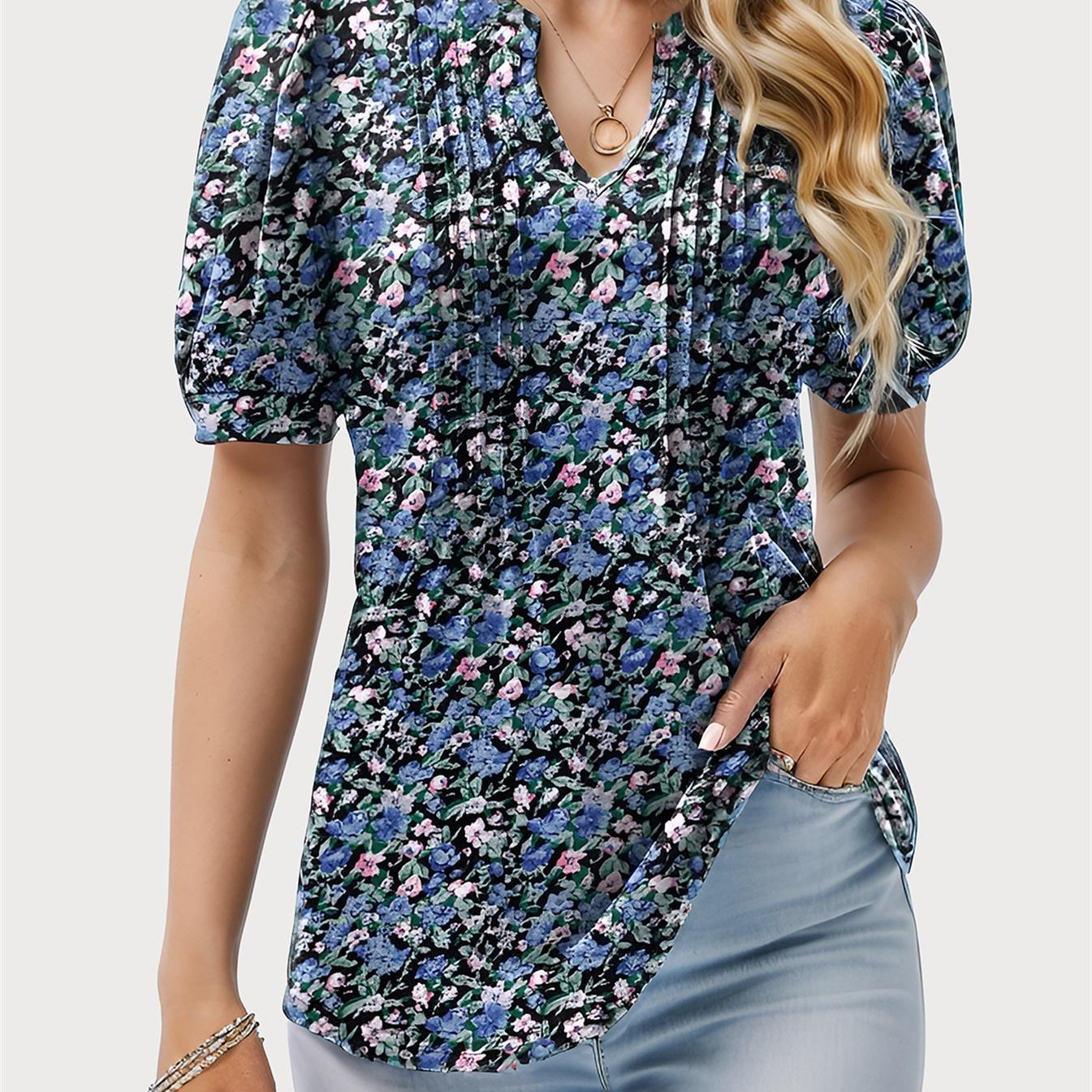 Women's V-neck Puff Short Sleeve Pleated T-shirt Fashion Summer Top Casual Blouse