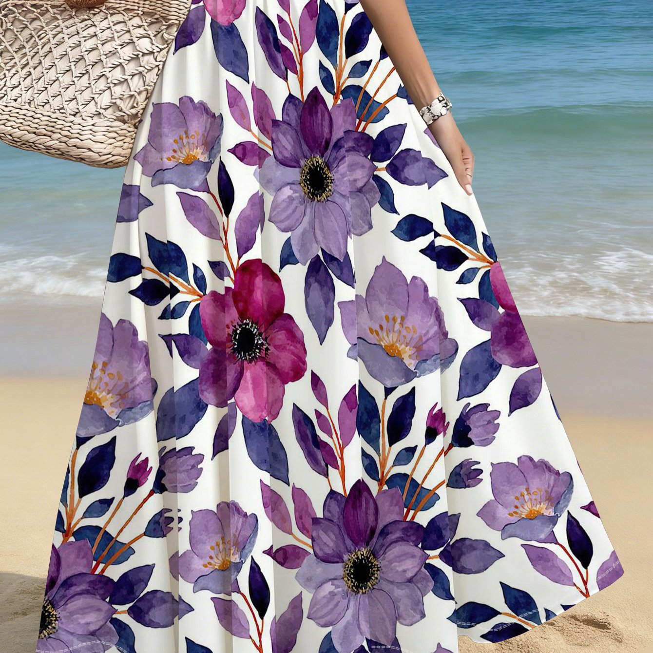 TEMU Gonna lunga casual da donna con stampa viola e blu, per spiaggia, giardino, picnic ed , design e , perfetta per le giornate estive