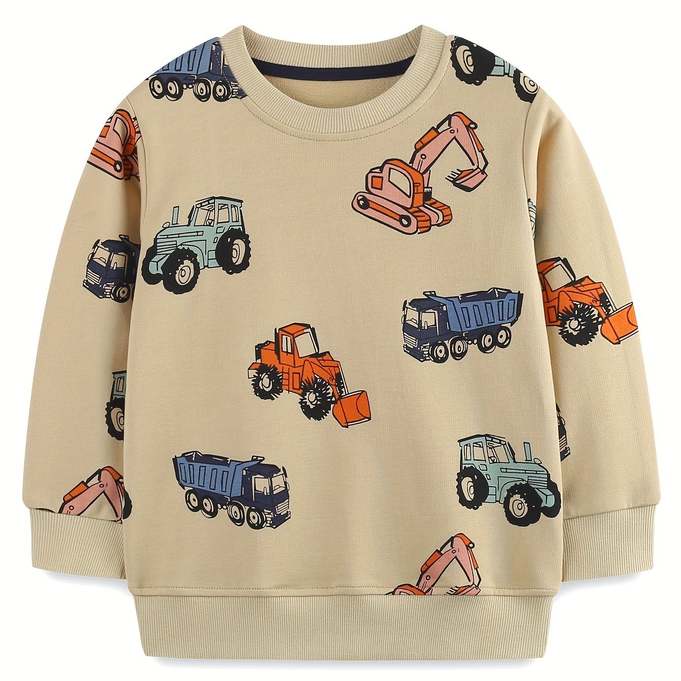Image of Spring/autumn Boys' Fashion Long Sleeve Sweatshirt With Cartoon Excavator, Knitted Cotton Casual Soft Pullover Sports Top