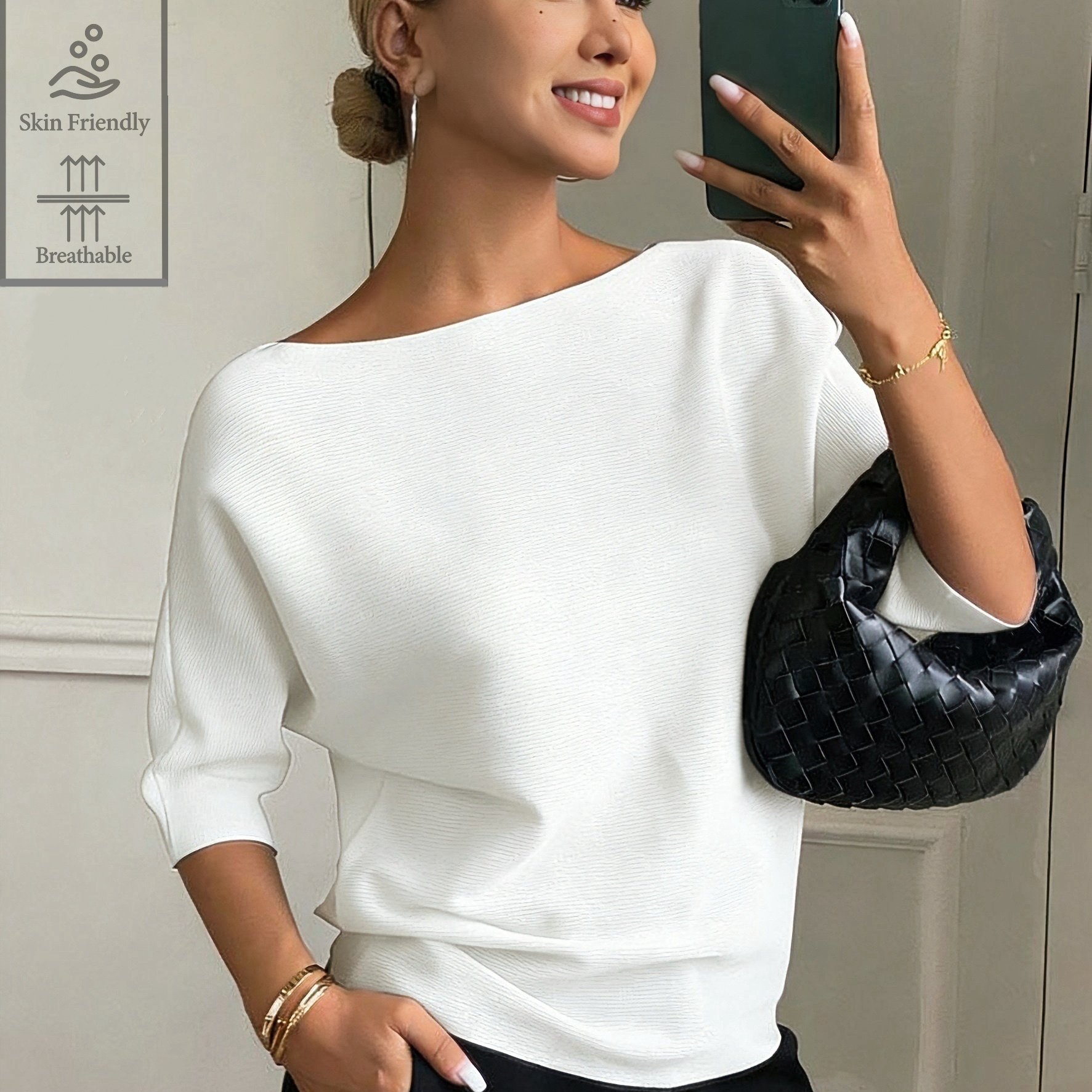 E-shop Damen Einfarbiges Bootslätzchen 3/4 Ärmel Lässiges Elegantes Shirt Frühling Neu Flügelärmel Slim Temperament Pendeln Weiß Easy Medium Ärmel