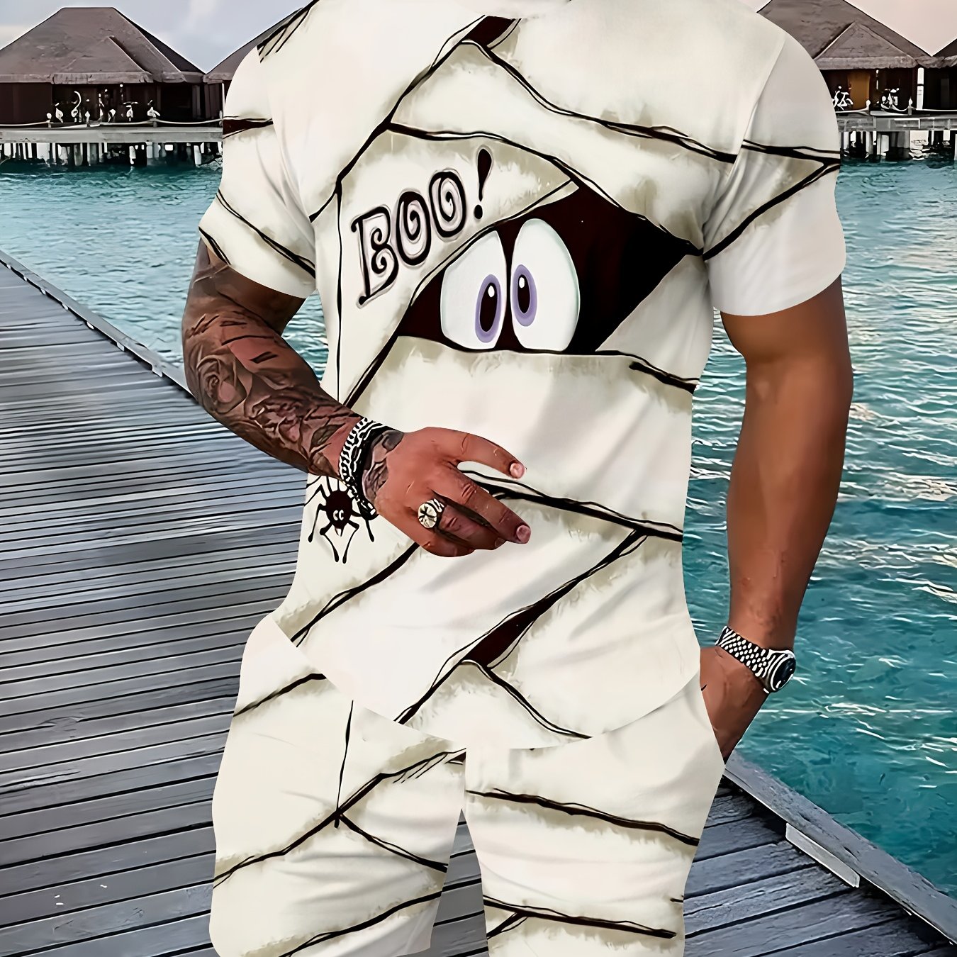 TEMU Summer Men's Boo! Halloween Outfit, Fun Cartoon Short Sleeve T-shirt And Shorts Casual 2pcs Set