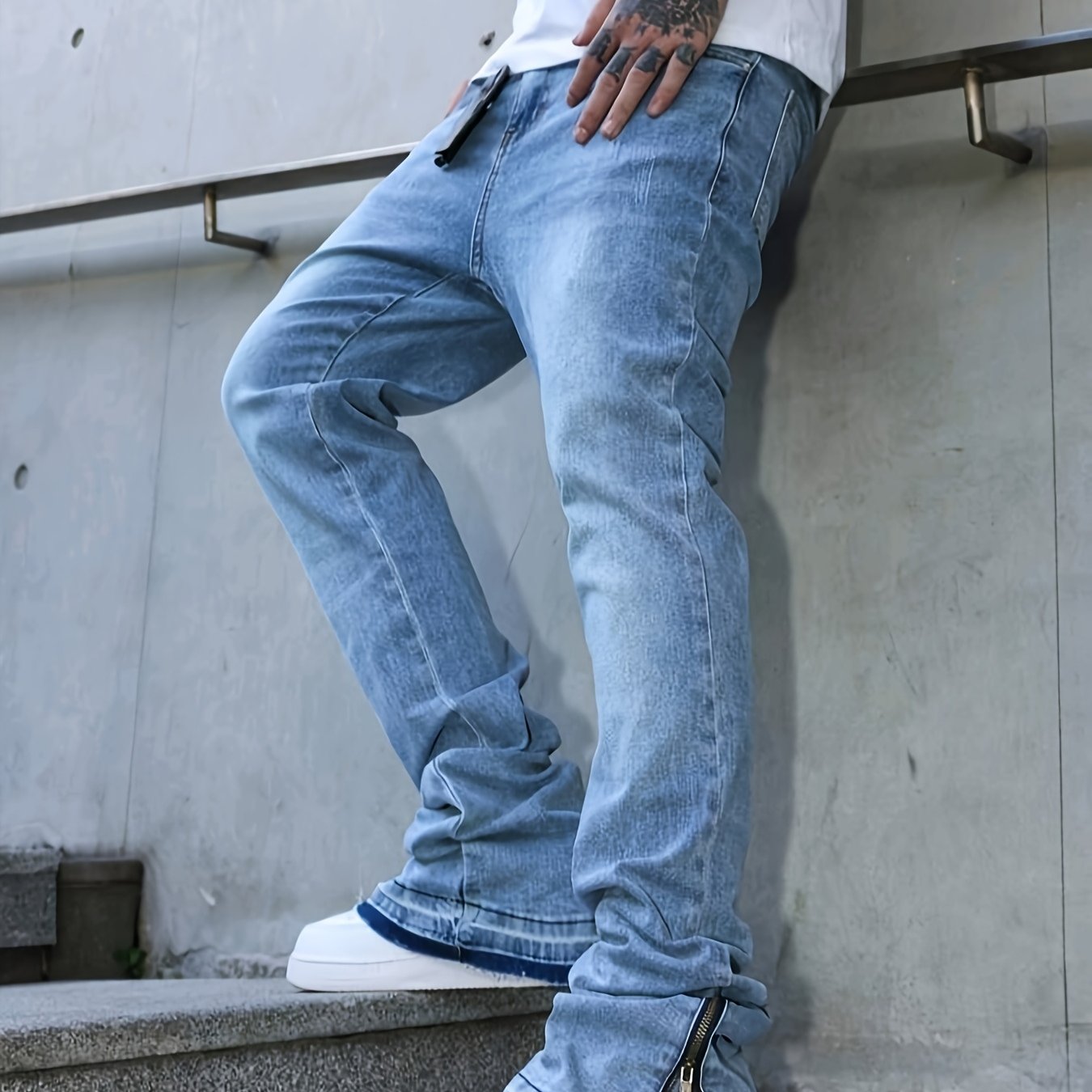 Image of 's Ripped Jeans, Trendy Ankle Zipper Design, Distressed Beggar Style Slim Fit Straight-leg Pants For Men