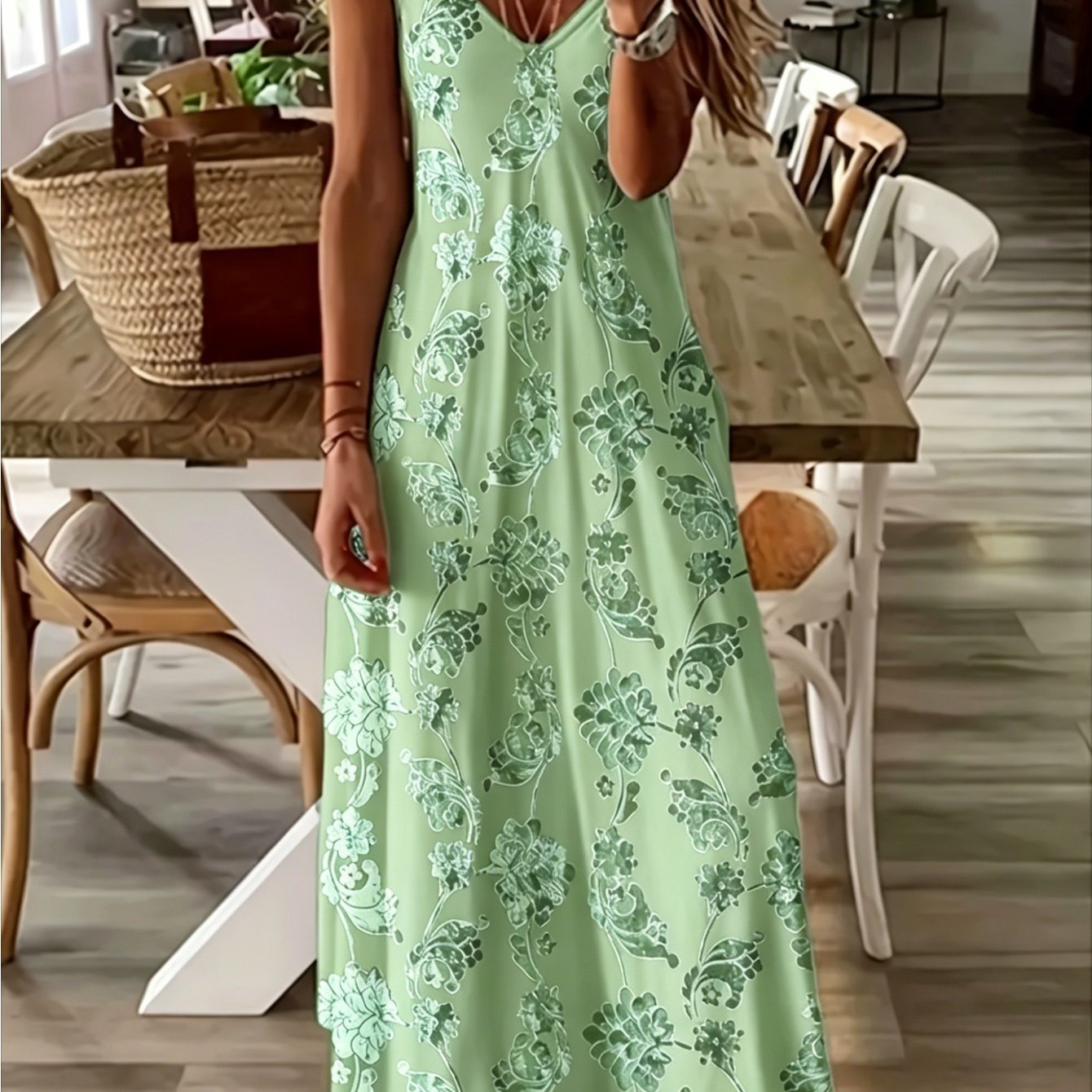 Plus Size, Large Size Print Dress For Women, Loose And Thin V-neck Sleeveless Long Dress, Casual Suspender Vest Dress, Comfortable Suspender Dress For Seaside Vacation, For Her