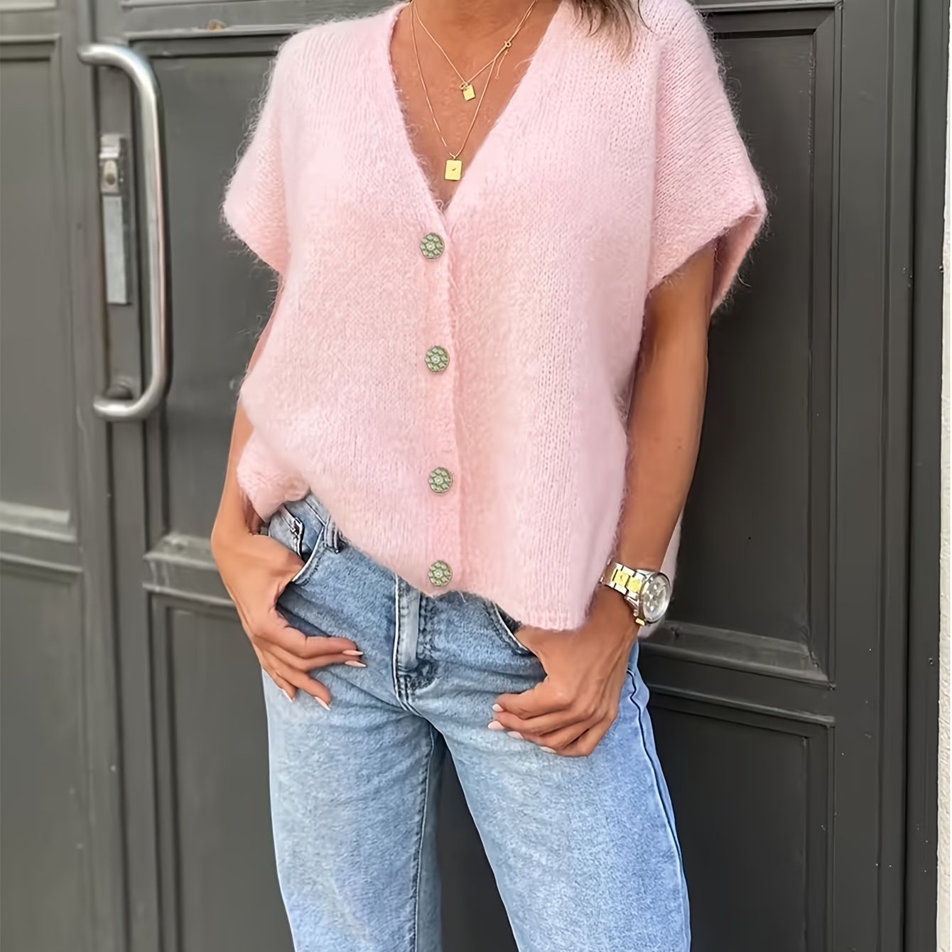 E-shop Damen Cardigan-Weste in Rosa, lockerer V-Ausschnitt, Valentinstag-Feiertagsstil, exquisites Knopfleisten-Design, für alle Jahreszeiten Frühling,