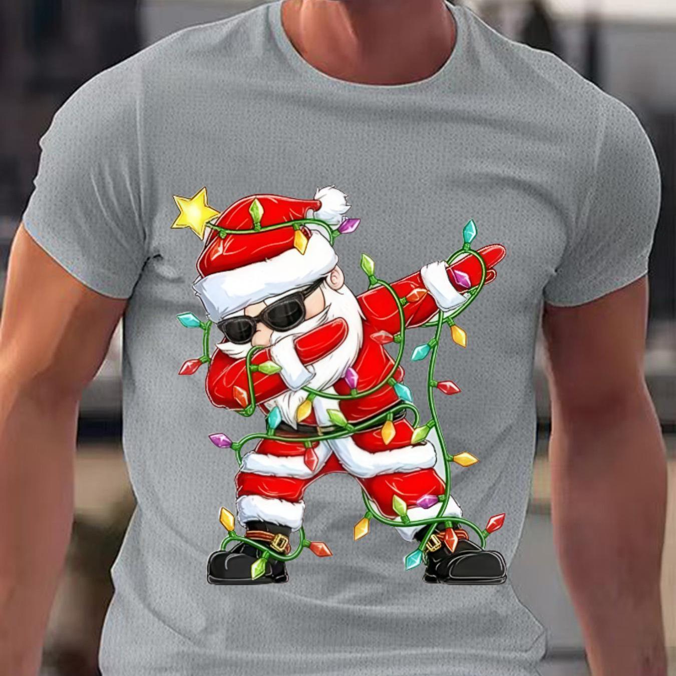 TEMU Men's Quick-dry Short Sleeve T-shirt With Santa Claus & Christmas Print - Lightweight Breathable Knit Fabric For Summer, Beach Parties, Casual &