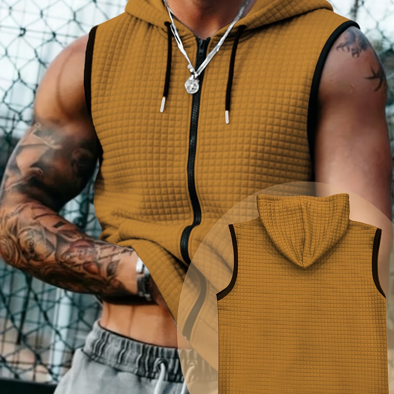TEMU Summer Men's Waffle Knit Vest Hoodie, Solid Easy Western Trendy Fashion Sports Style Sleeveless Hooded Top, Optional, Waffle Texture Breathable