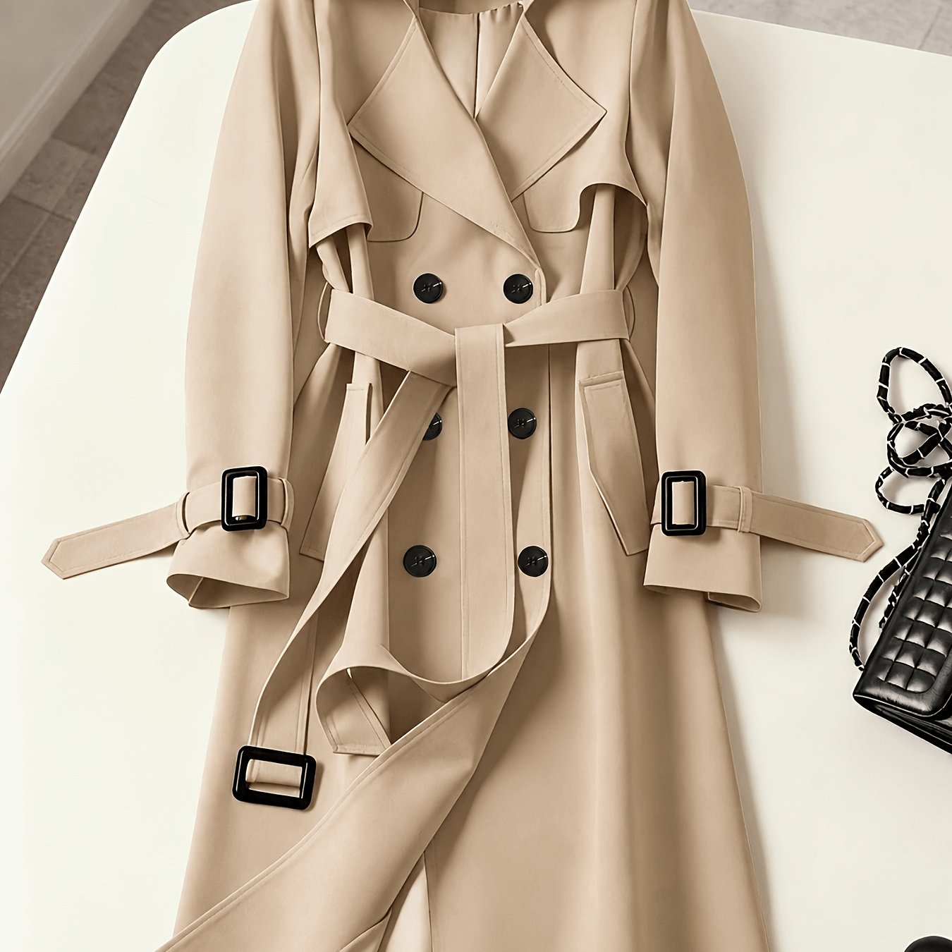 TEMU Trench fino elegante y con estilo para mujer para de trabajo, de abrigo de otoño holgada de media con botonadura, cinturón ajustable y ,