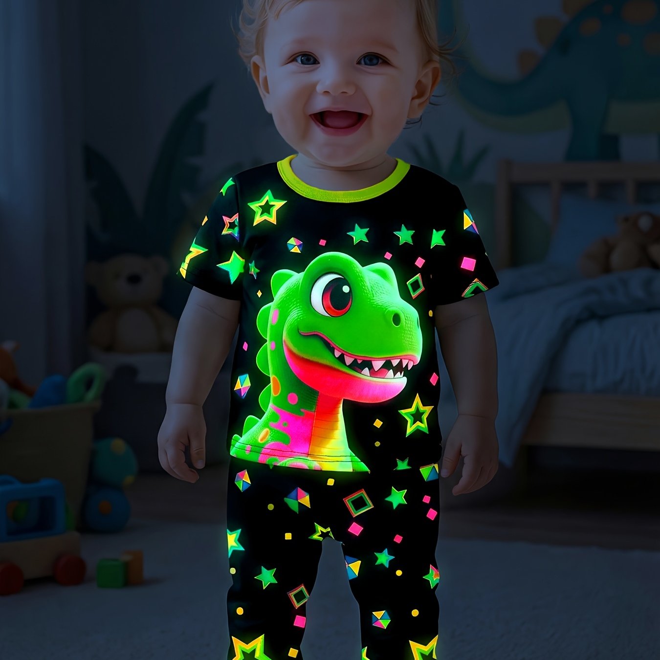 Image of Dark -the-dark Dinosaur Children's Pajamas, Baby Short-sleeve Loungewear. Features A With Fluorescent Dinosaur And Star Prints, A Full -the-dark Effect For A Fun And Atmosphere. Made From Stretchy